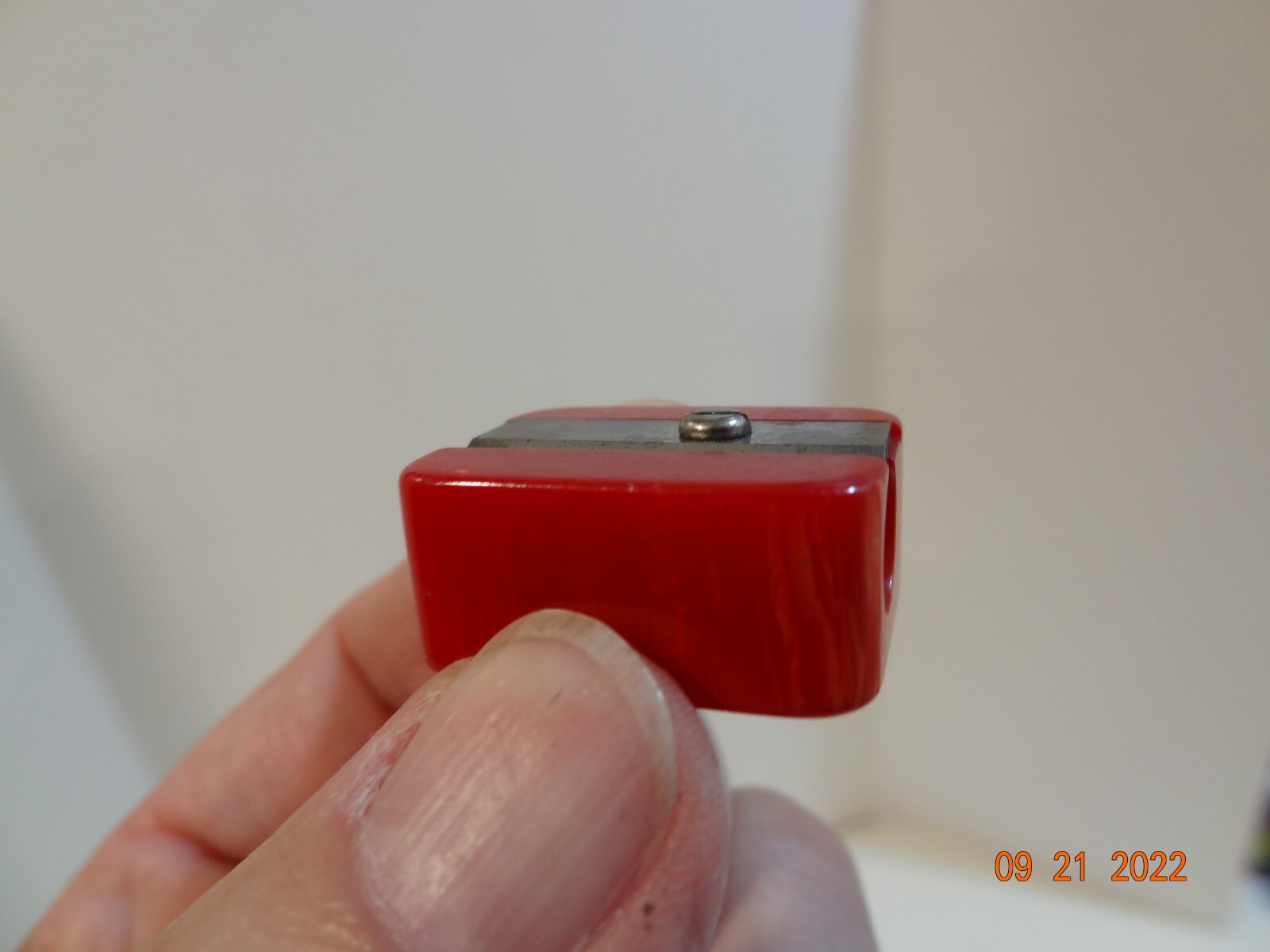 Vintage Red Bakelite Handheld Manuel Pocket Pencil Sharpener
