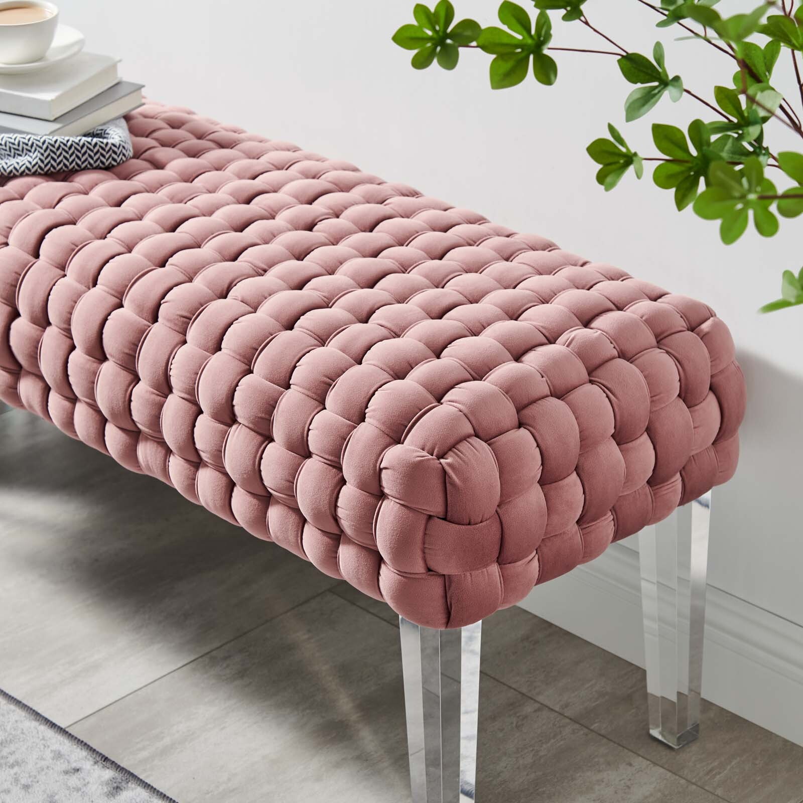 Modway Prologue Braided Velvet Ottoman in Dusty Rose