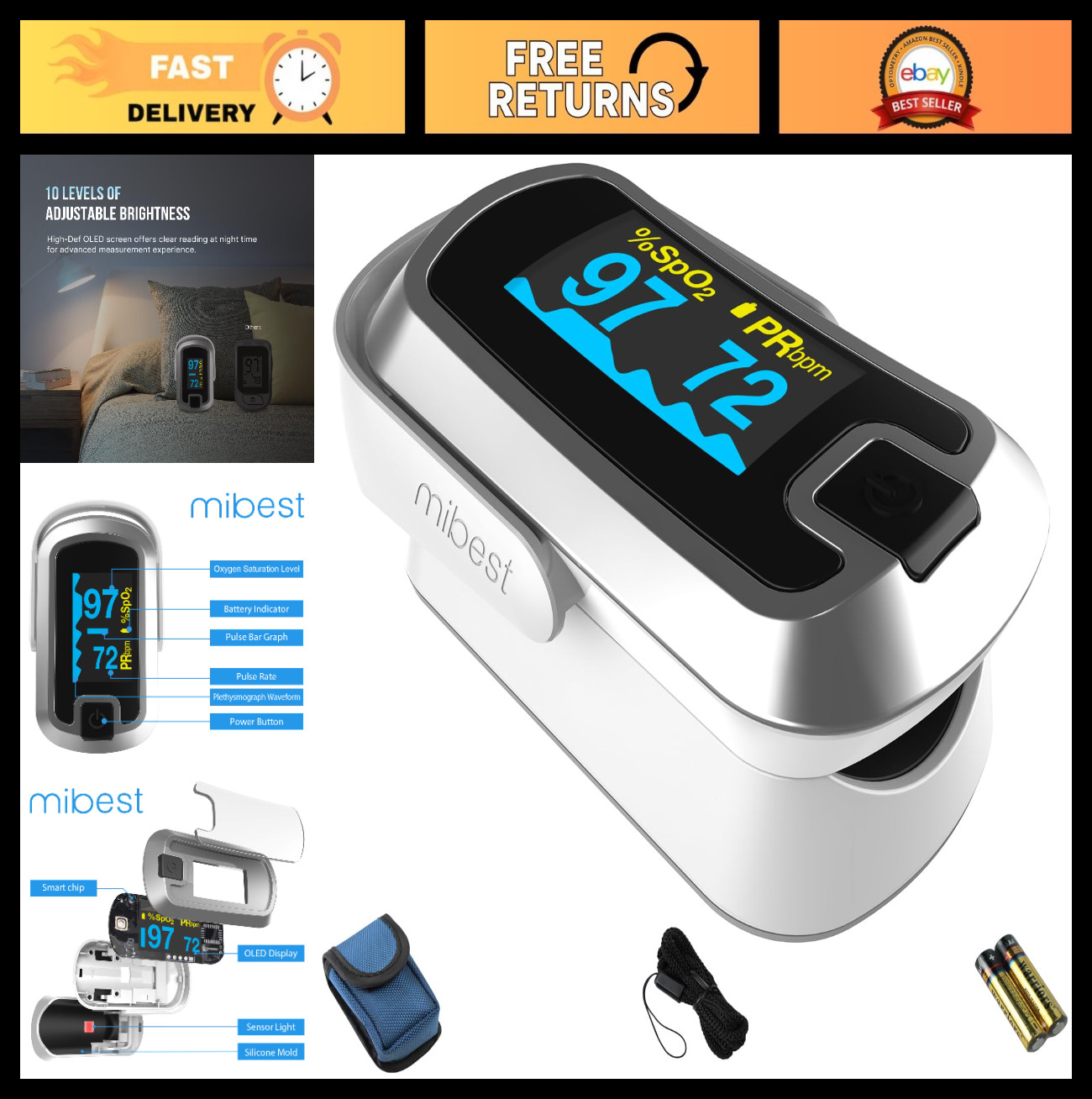 OLED Finger Pulse Oximeter - Dual Color O2 Meter, Accurate Blood Oxygen Monitor
