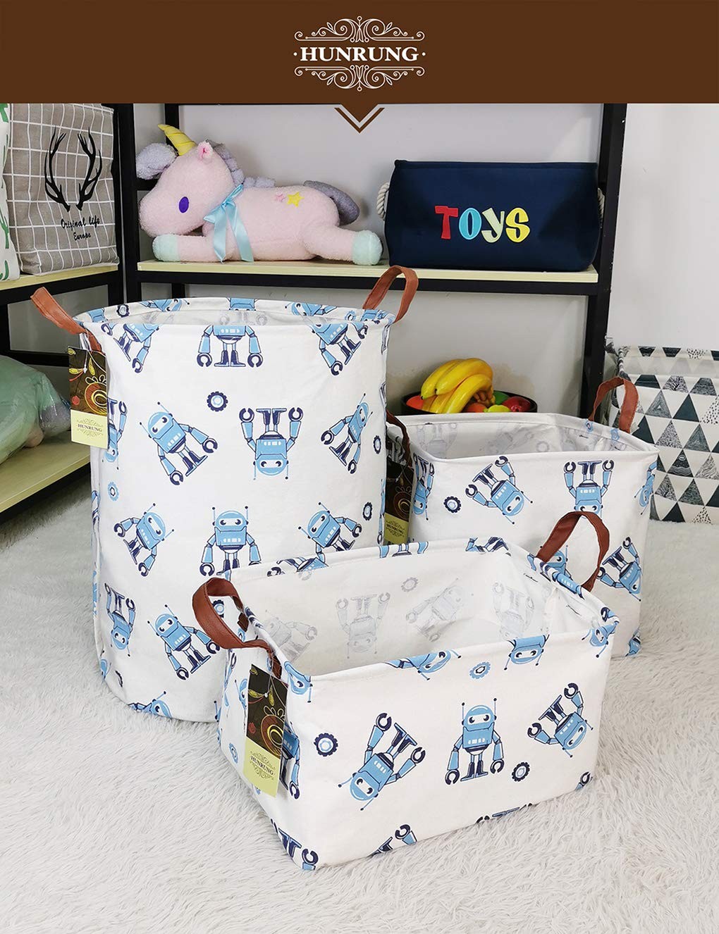 Square Storage Bins Laundry Basket Foldable Gift Baskets Bedroom(Blue robot)