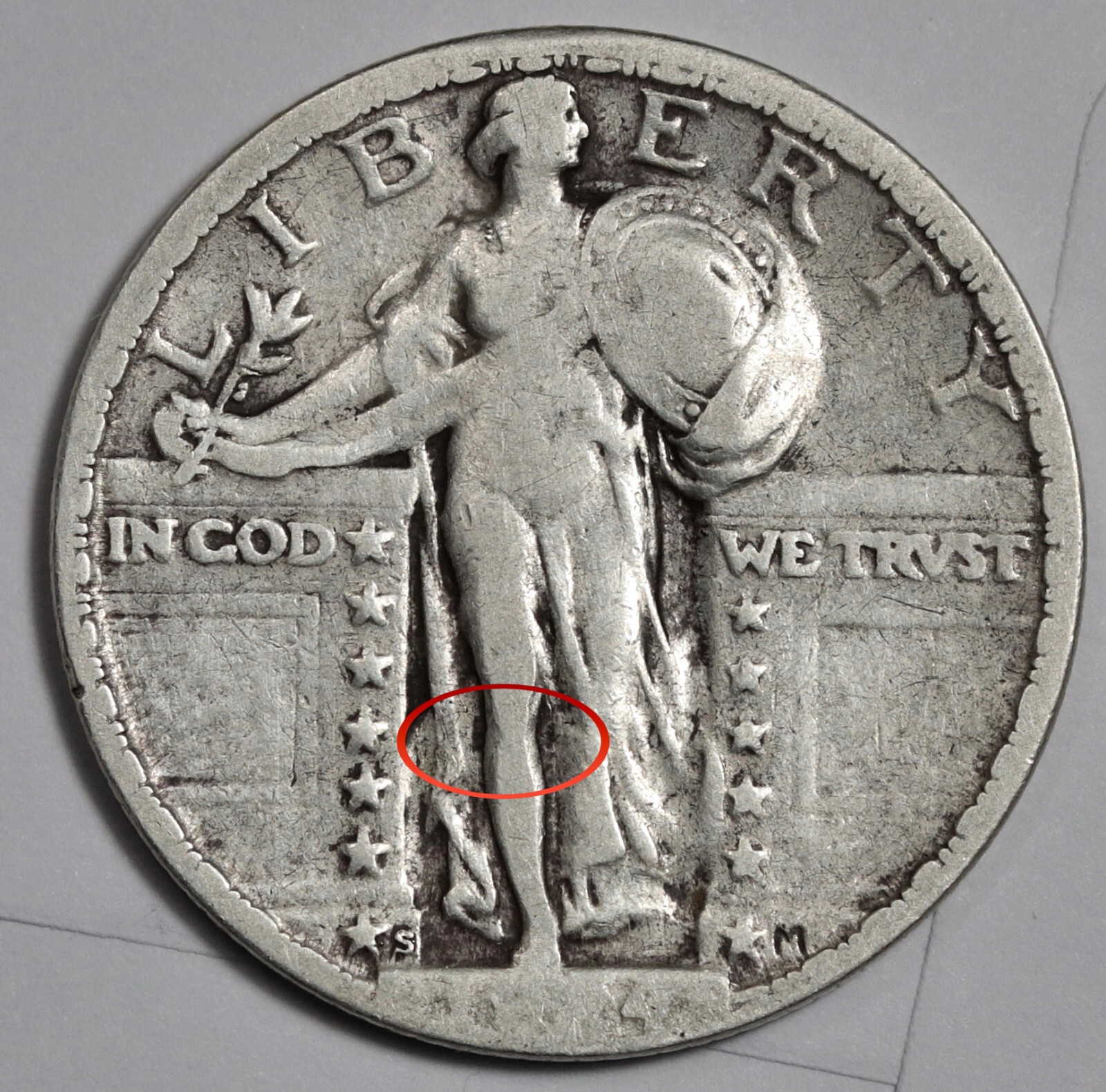 1924-s Standing Liberty Quarter.  Error.  Clashed "E".  Fine.  201629