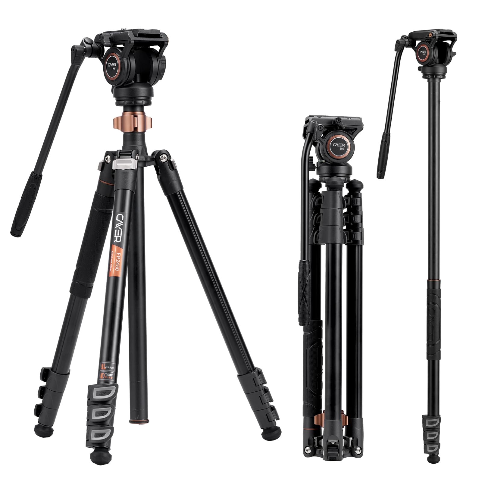Cayer FP2450 Fluid Head Tripod, 75 inches Aluminium Video FP2450, Black