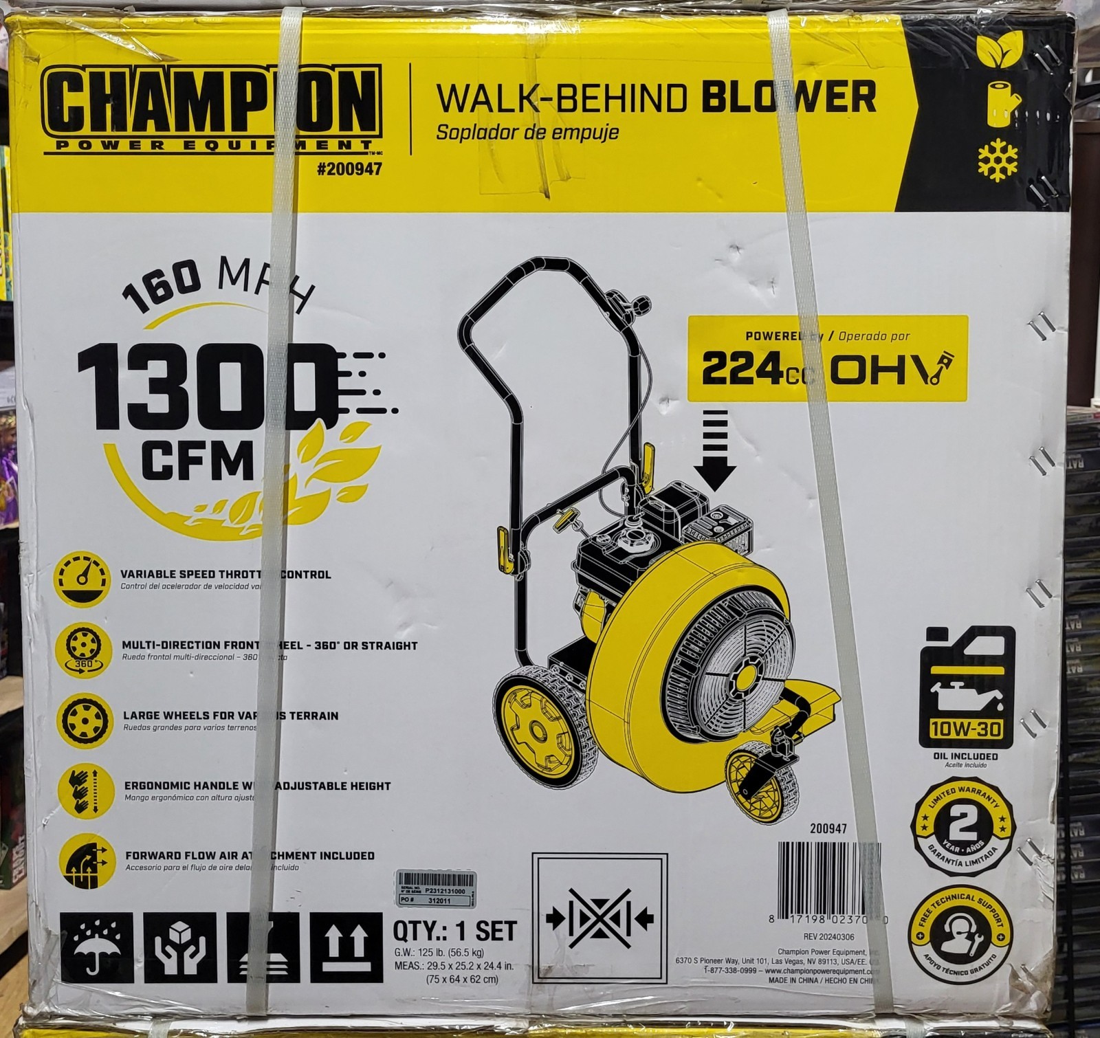 Champion Power Equipment 200947 Walk-Behind Gas Leaf Blower 160 MPH 1300 CFM 224