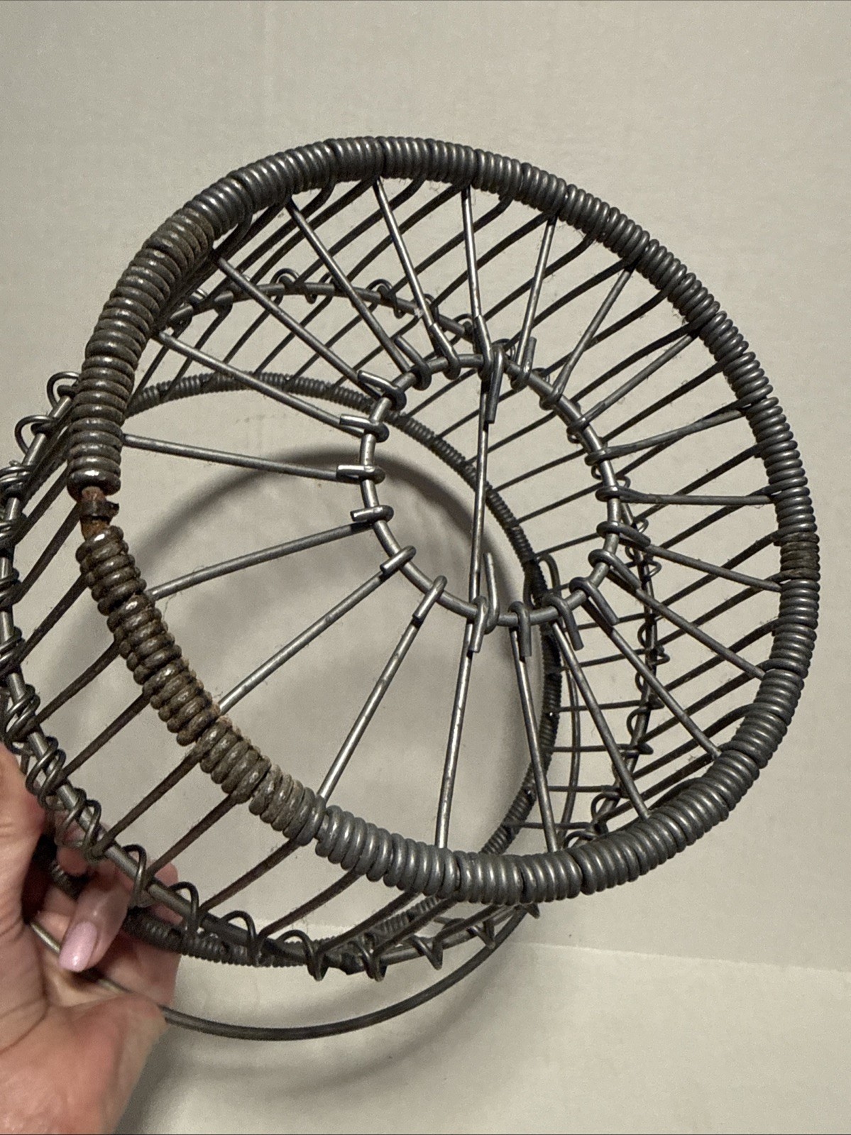 Wire Egg Gathering Basket w/ Handle, Vintage Item, Zinc Decorative Coiled Wire