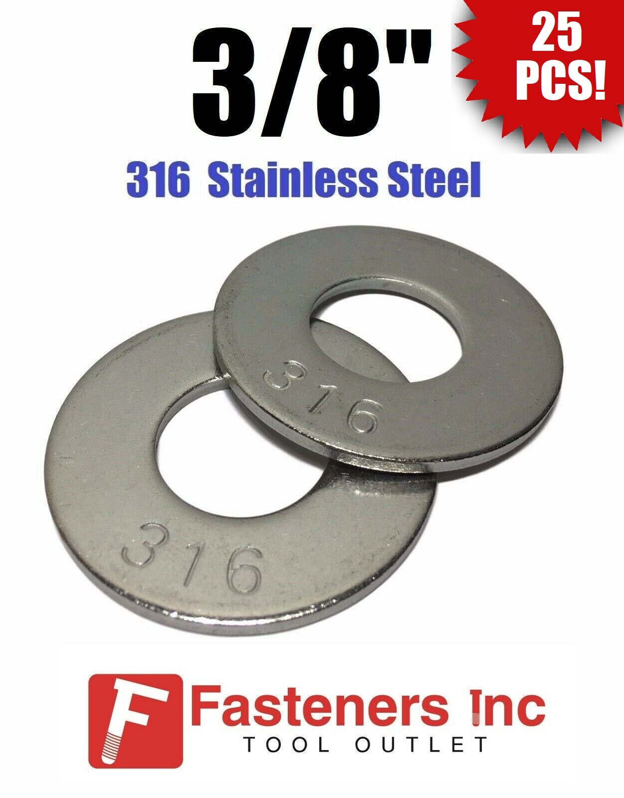 (Qty 25) 3/8" Grade 316 Stainless Steel Flat Washer GRADE 316