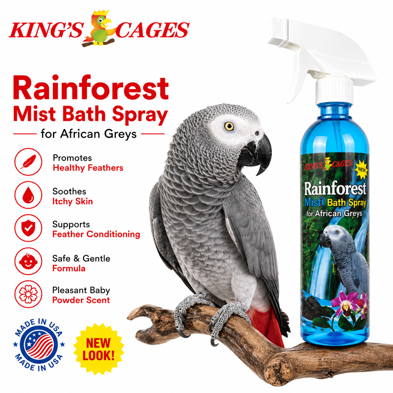 Kings Cages Rainforest Mist 17oz Bath Spray for African Greys Feather Health Pet