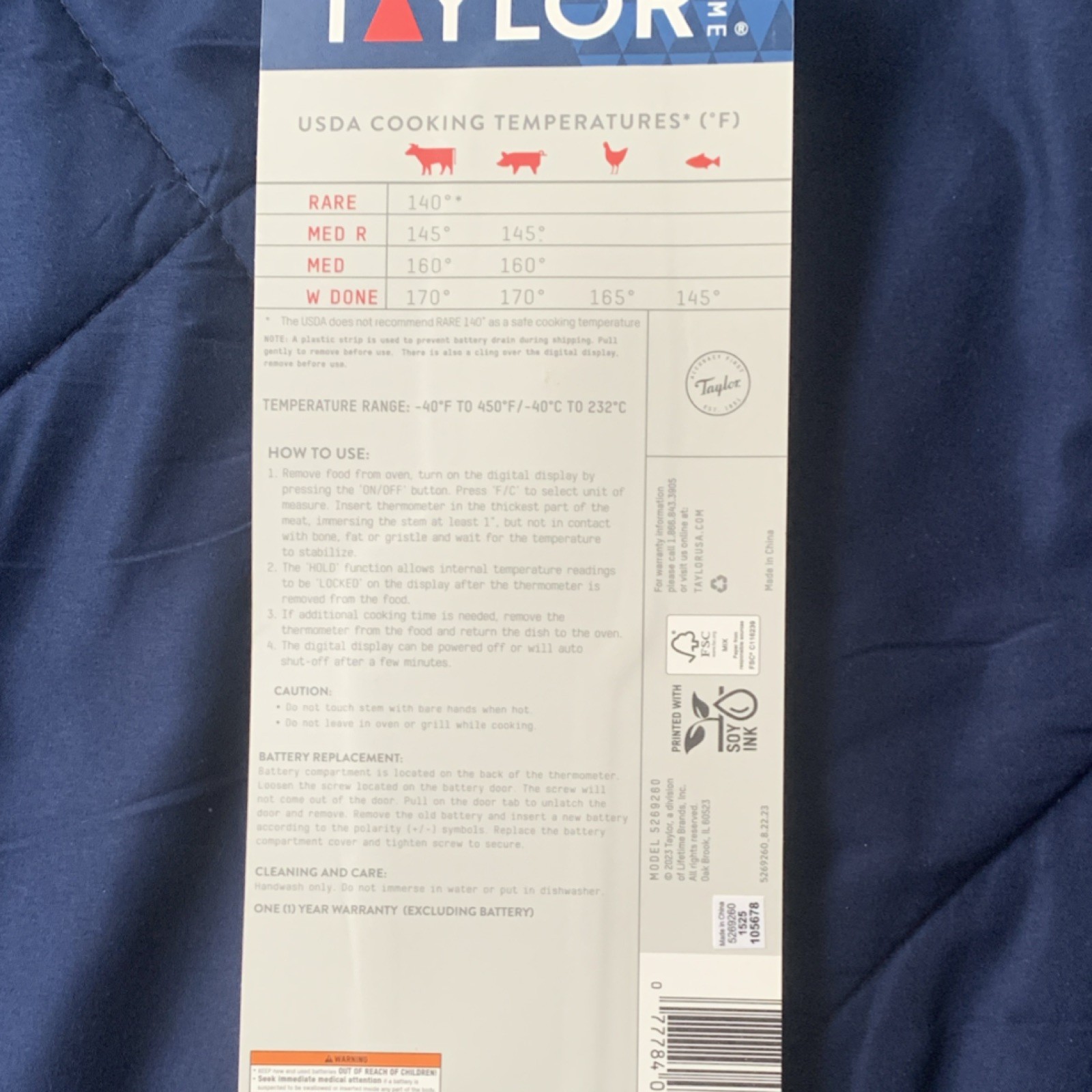 Taylor Digital Instant Read Meat Thermometer Silver Hold Function Model 5269260