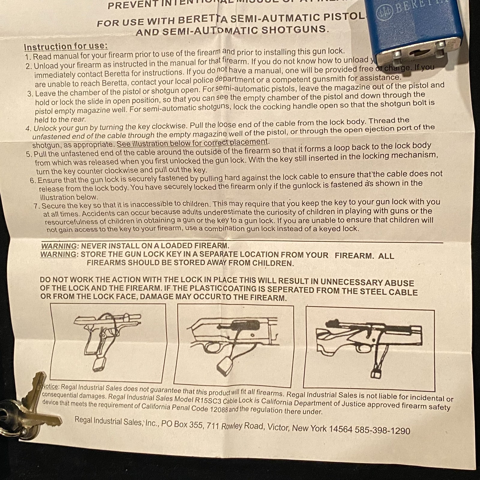 BERETTA R15SC3 Blue Cable Gun Lock w/ 2 Keys & Instructions