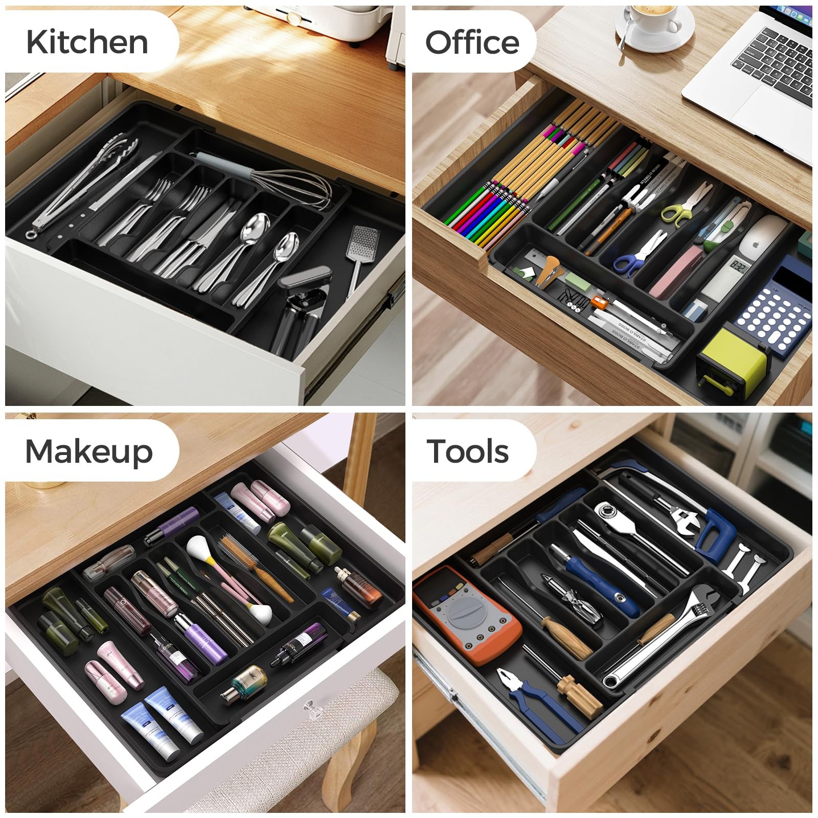 ukeetap Extra Large Expandable Silverware Organizer, BPA-Free Food-Safe Black