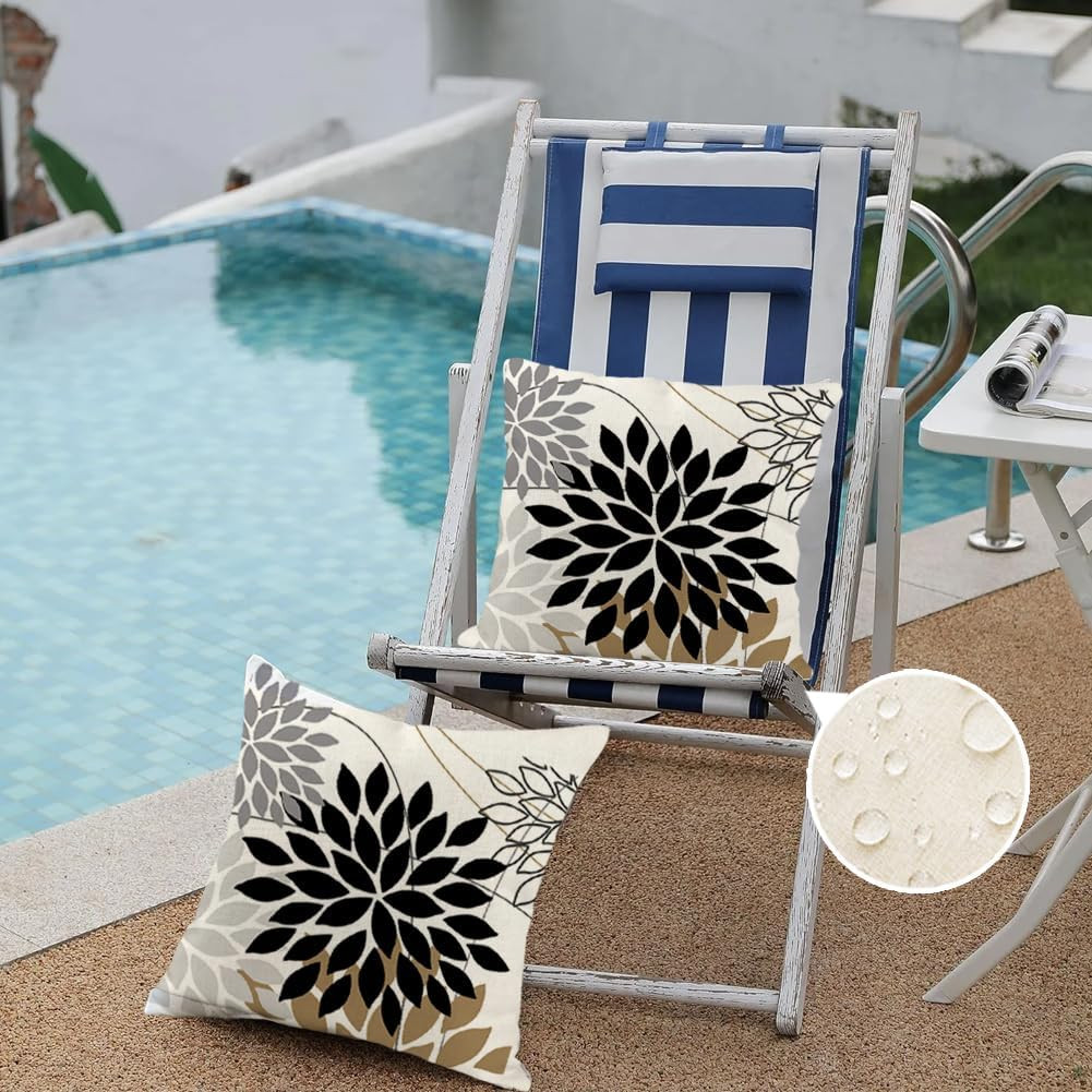 Outdoor Pillow Covers Waterproof 18x18 Inch Set of 2,Floral Black and White S...