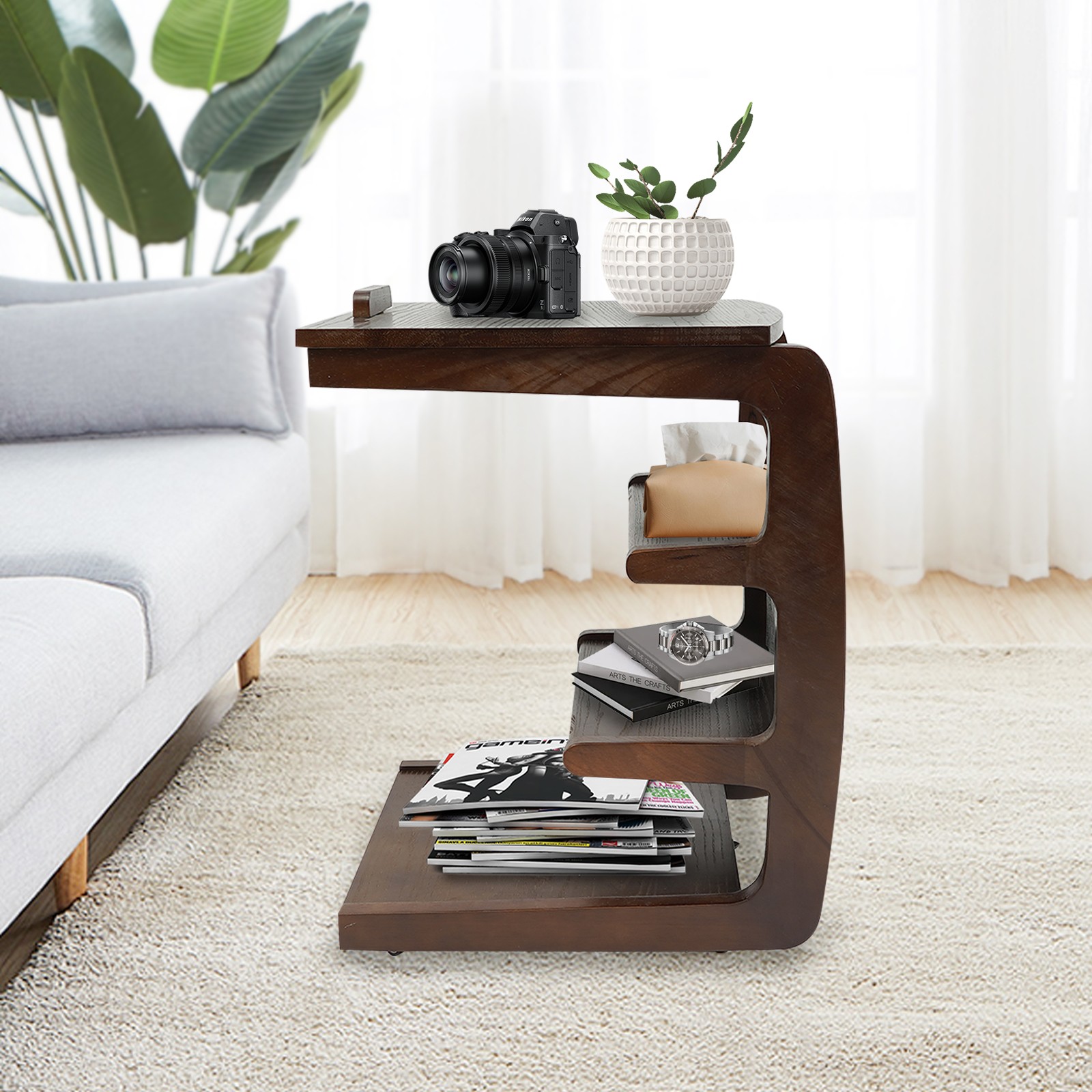C-Shaped End Table 4-Tier Wooden Side Table Laptop Tray Coffee Table Couch Table