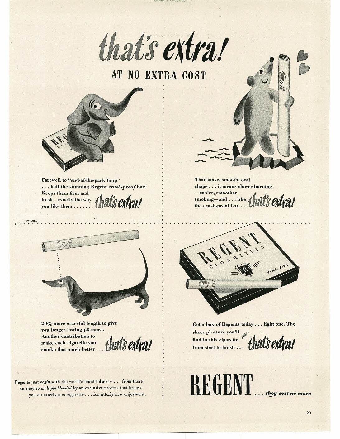 1946 Regent Cigarettes Elephant Polar Bear Dachshund art Vintage Print Ad