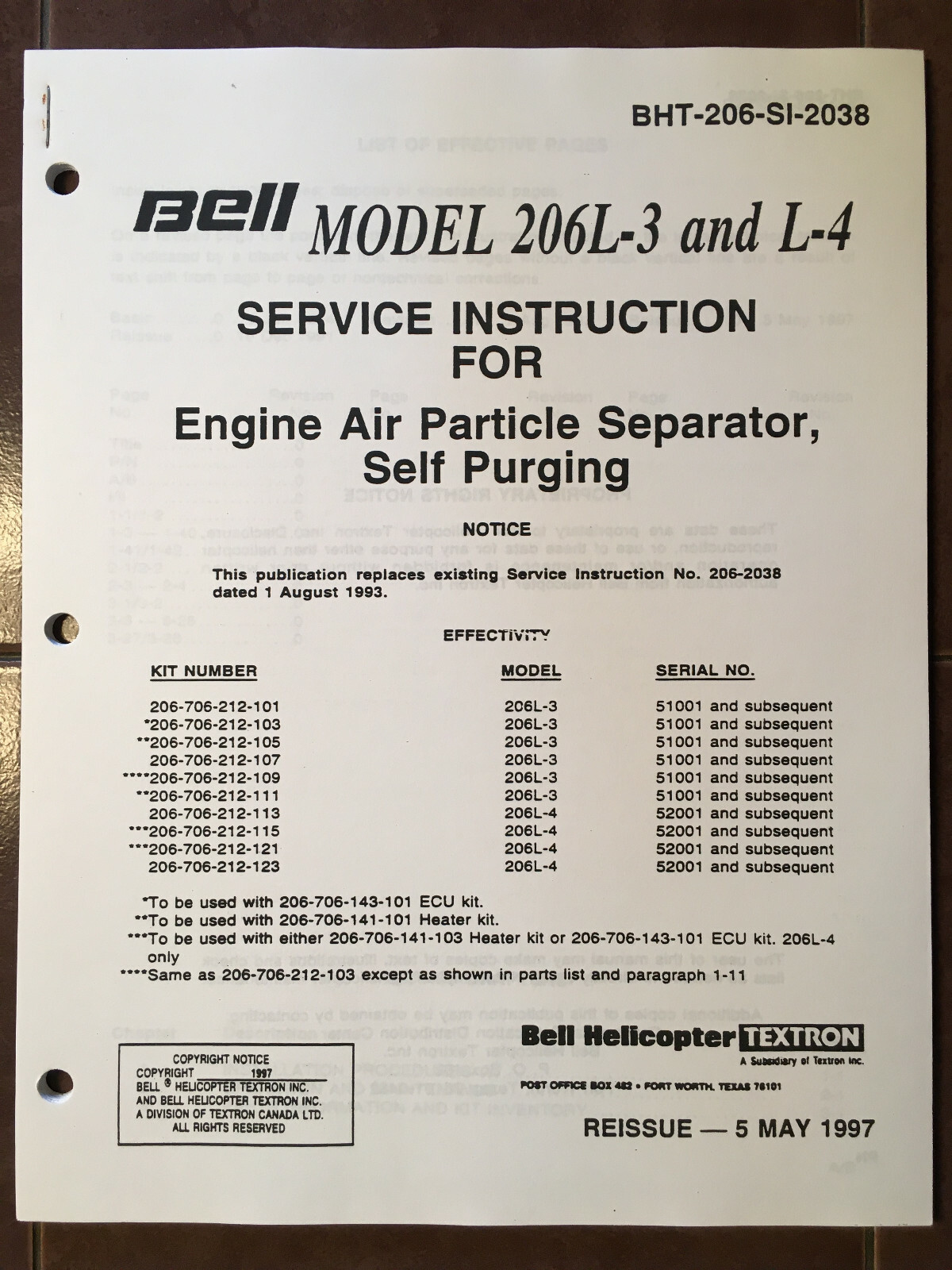 Bell 206L-3 & 206L-4 Engine Air Particle Separator Service Instruction Manual