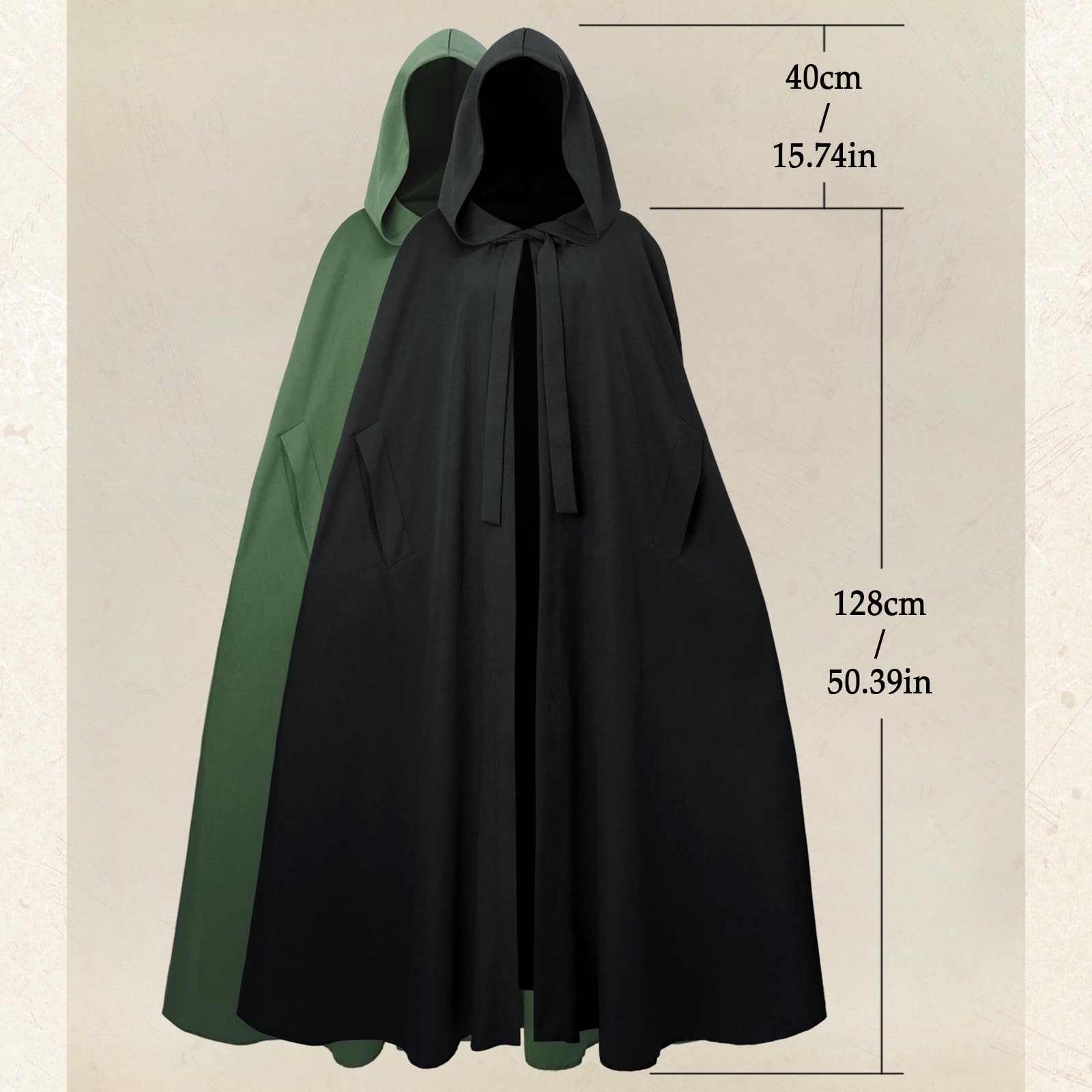 Renaissance Hooded Medieval Cloak Victorian Wizard Witch Standard, Black