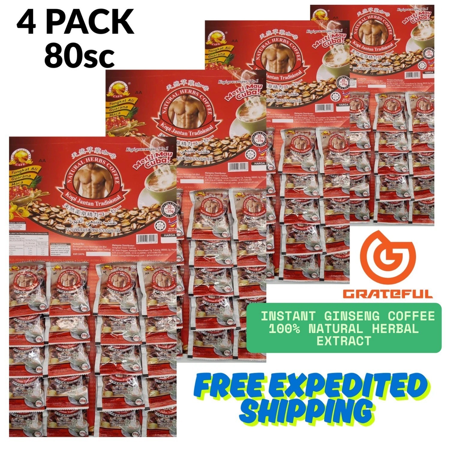4 pack Coffee Original 100%  Natural Herbal Extract men vitality Free DHL