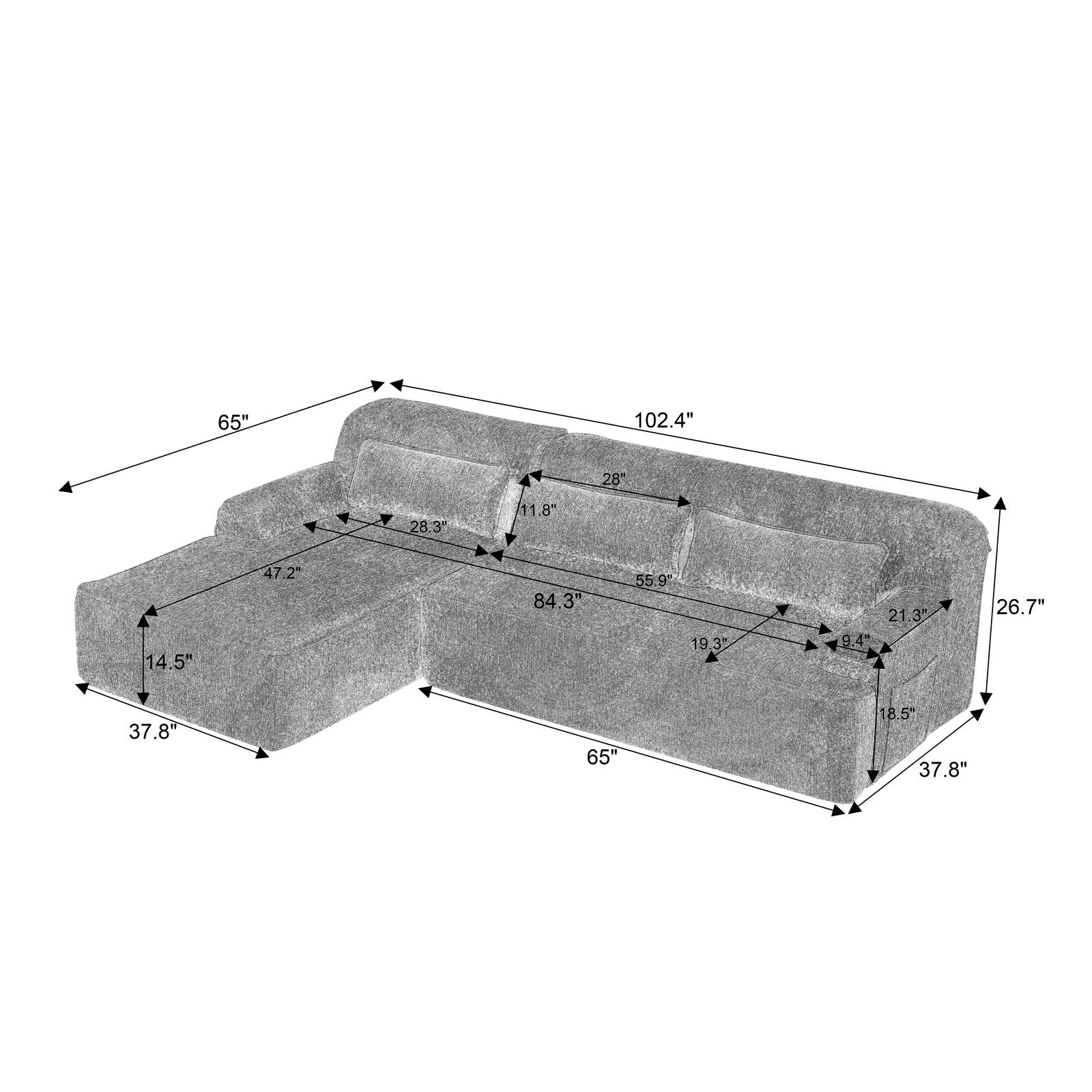 Chenille L-Shape Luxury Sectional Oversized Sofa,Mnimalist Design,Comfy Sle