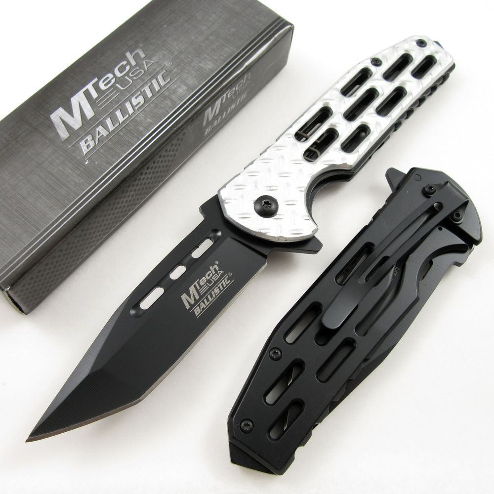 SPRING-ASSIST FOLDING POCKET KNIFE Mtech Silver Diamond Tread Tactical Tanto