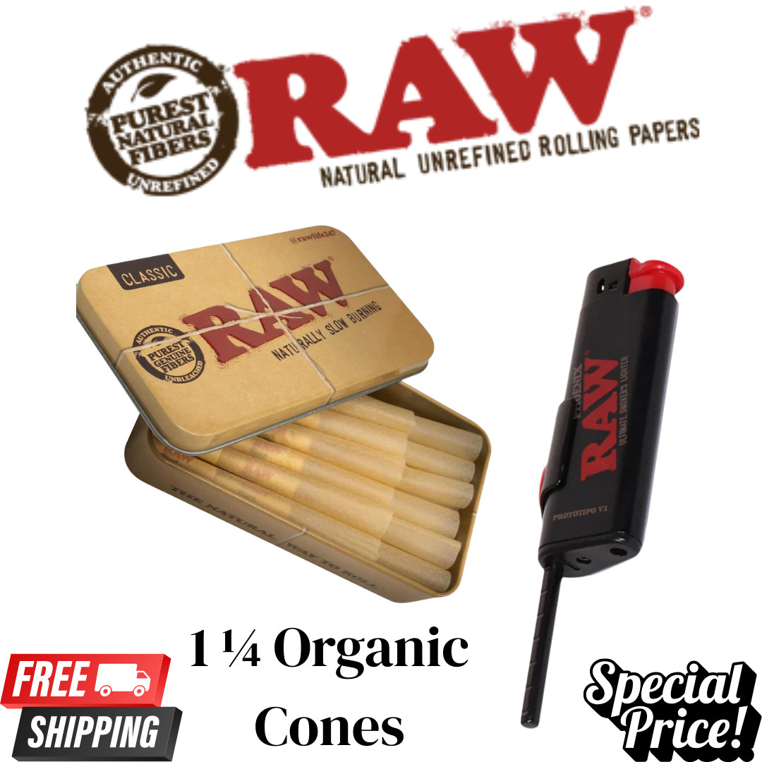 Raw 20ct Organic Pre-Rolled Cones 1 1/4 Metal Box+ RAW Phoenix Windproof Lighter