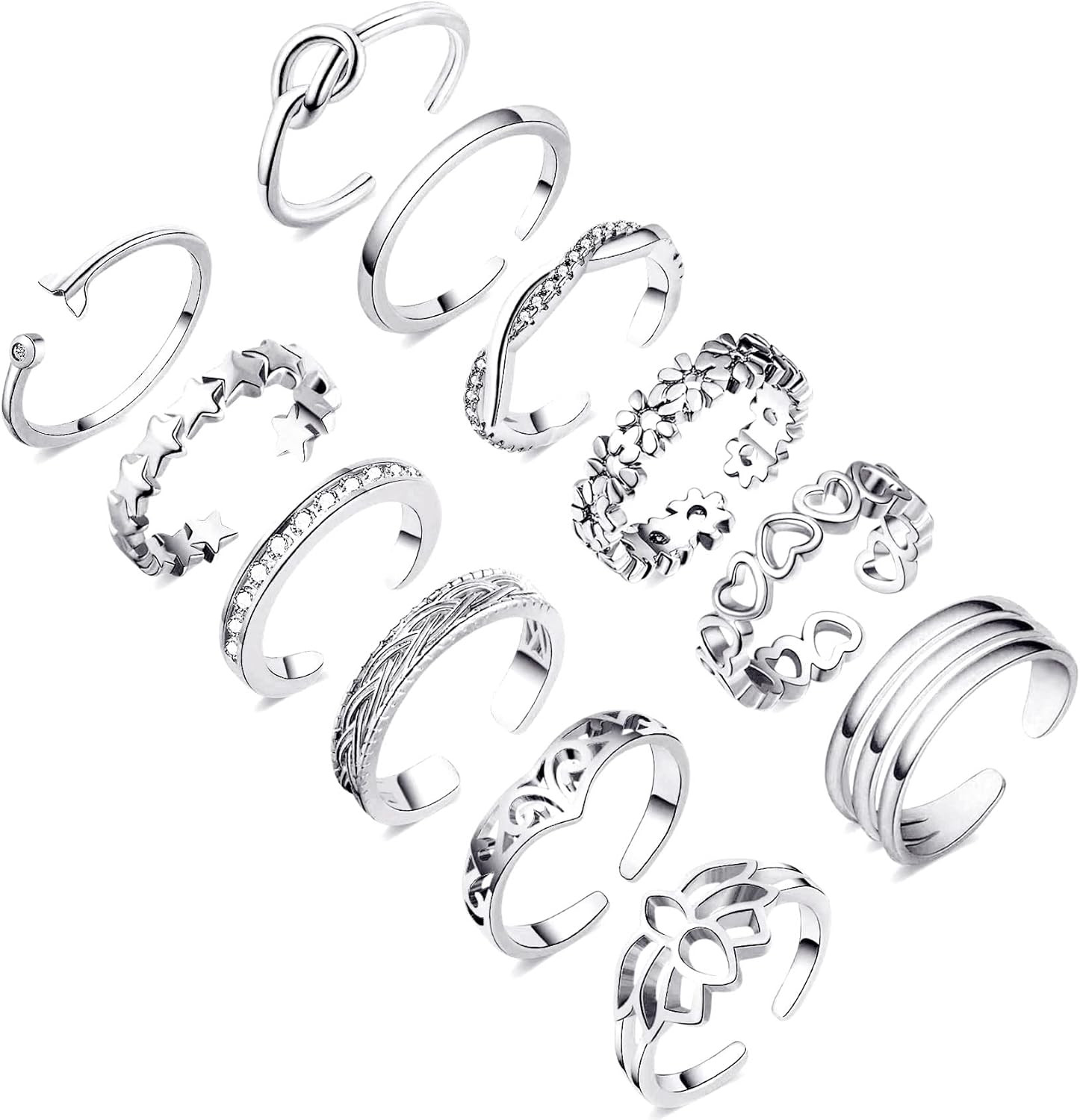 12PCS 14K Gold/Silver Plated Toe Rings for Women Adjustable Band Rings Open Flow