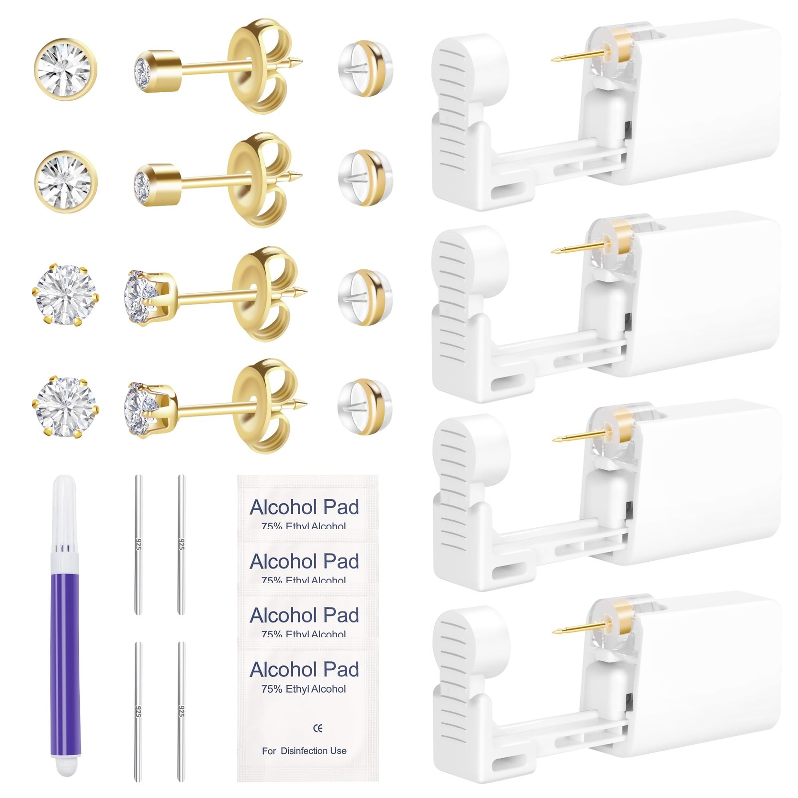 Makalong 4pcs Ear Piercing Kit Gold, Disposable Kit, Easy 1, golden