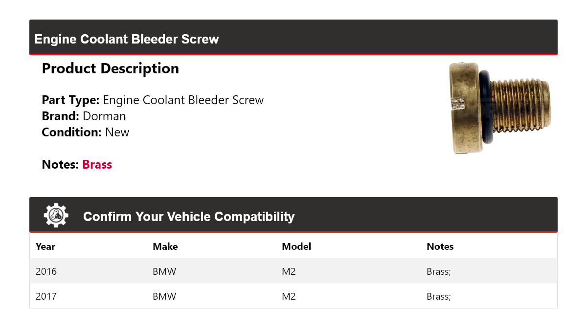 For 2016-2017 BMW M2 Dorman Engine Coolant Bleeder Screw