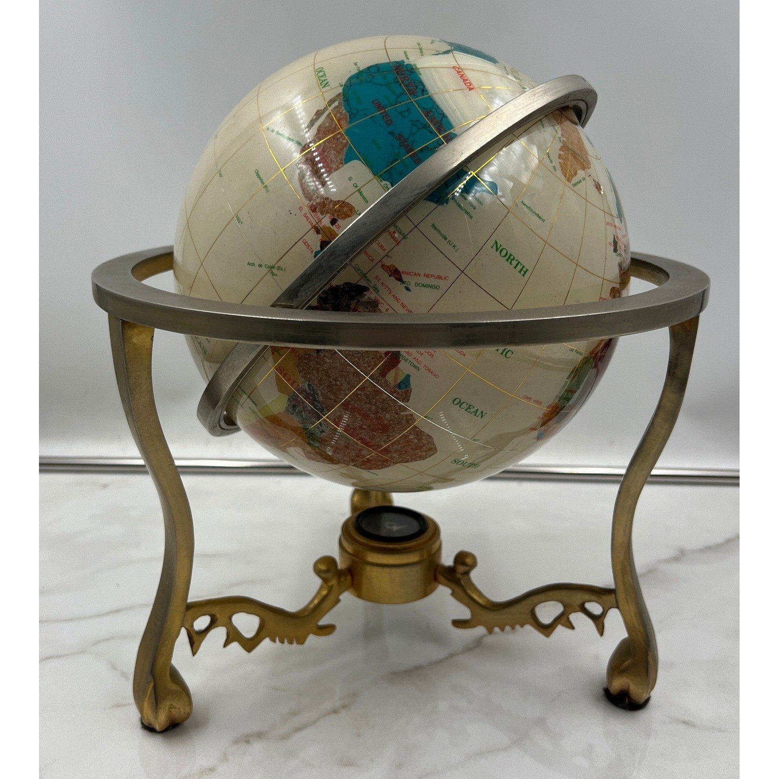 Vintage Gemstone Inlay World Globe with Gold Tone Tripod Stand and Compass