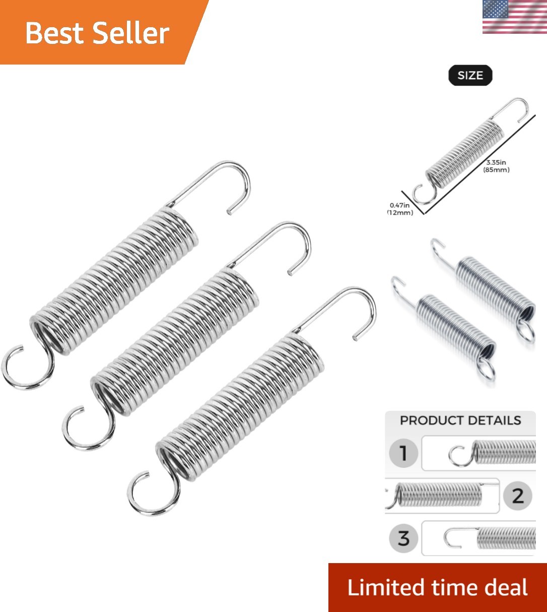 3-Piece Stainless Steel Replacement Recliner Tension Springs - Long Neck Design