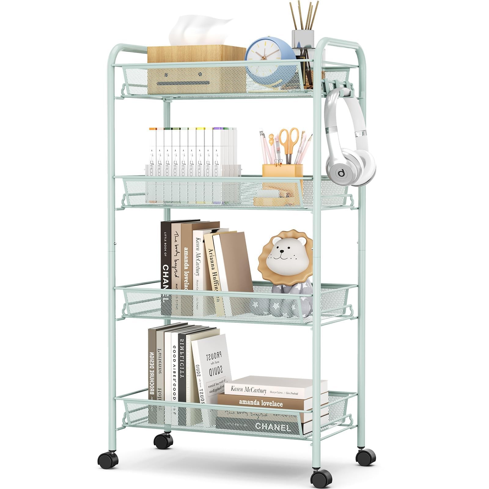 4-Tier Rolling Cart Metal Utility Cart with 3 Hooks Easy Assemble Mobile Stor...