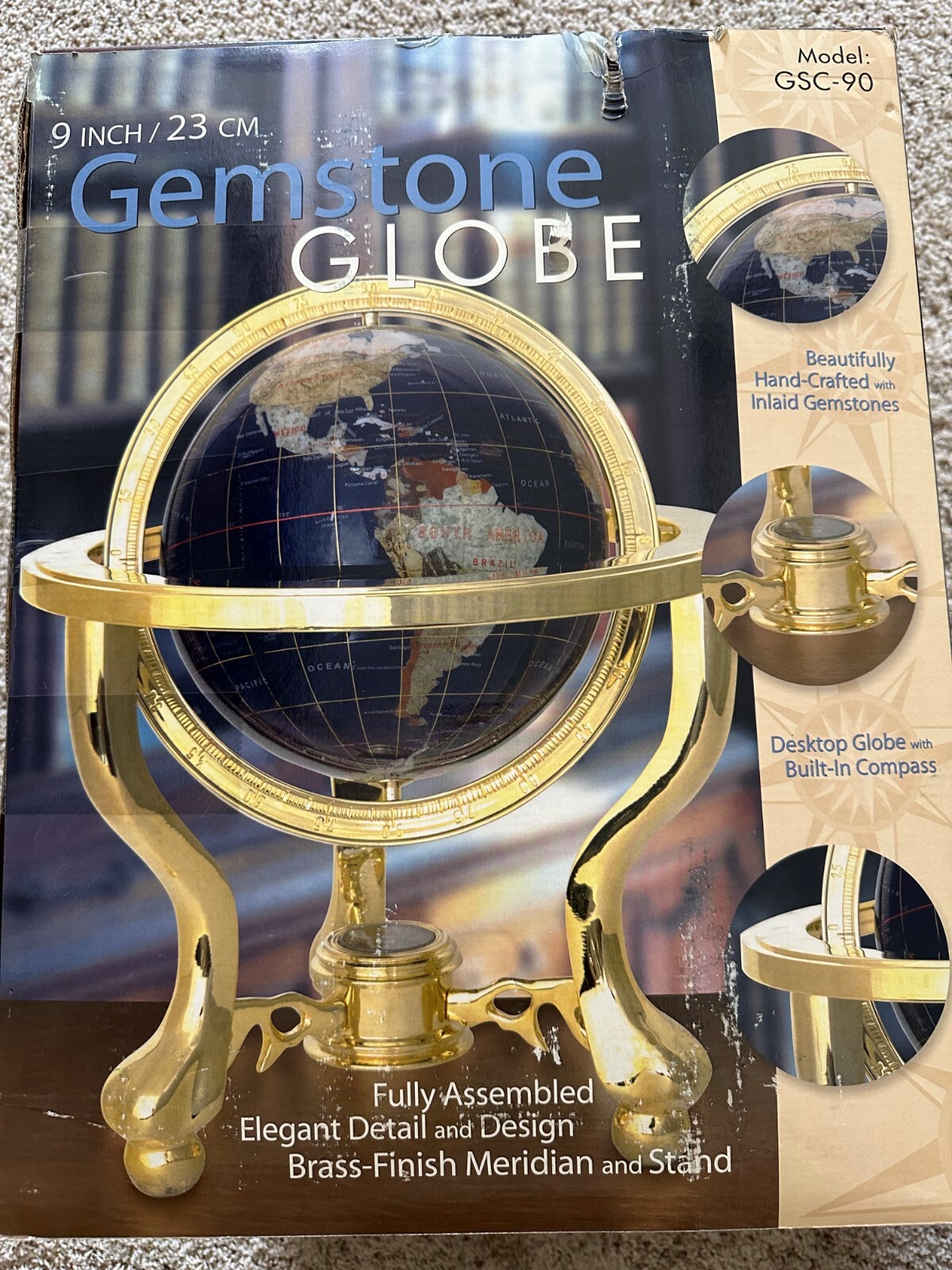 NEW GEMSTONE TABLETOP GLOBE BLUE LAPIS OCEAN BRASS TRIPOD COMPASS WORLD MAP