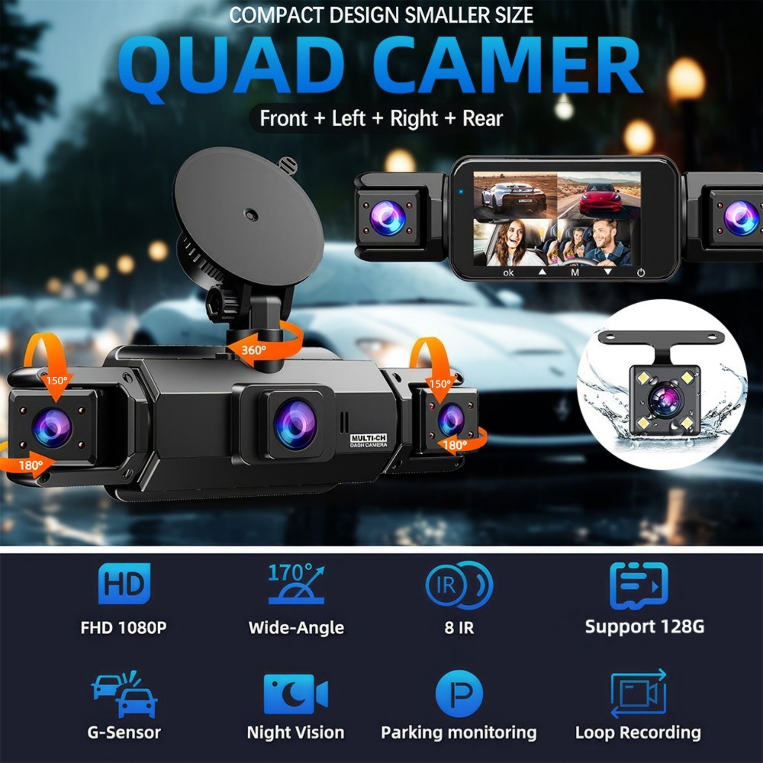 360 Degree View 4 Channel Dash Cam Front and Rear Inside Left Right, Dash Camera