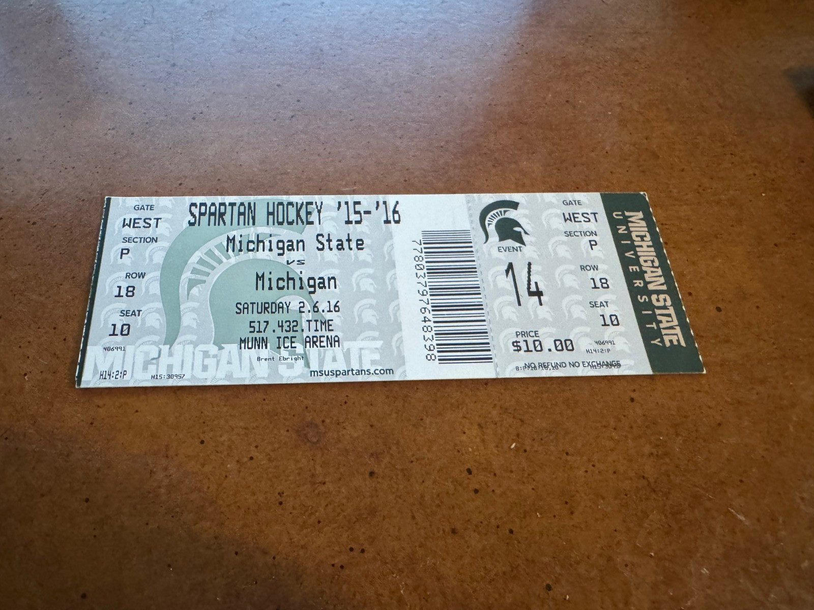 2016 Michigan State Spartans v Michigan Wolverines Hockey Ticket 2/6
