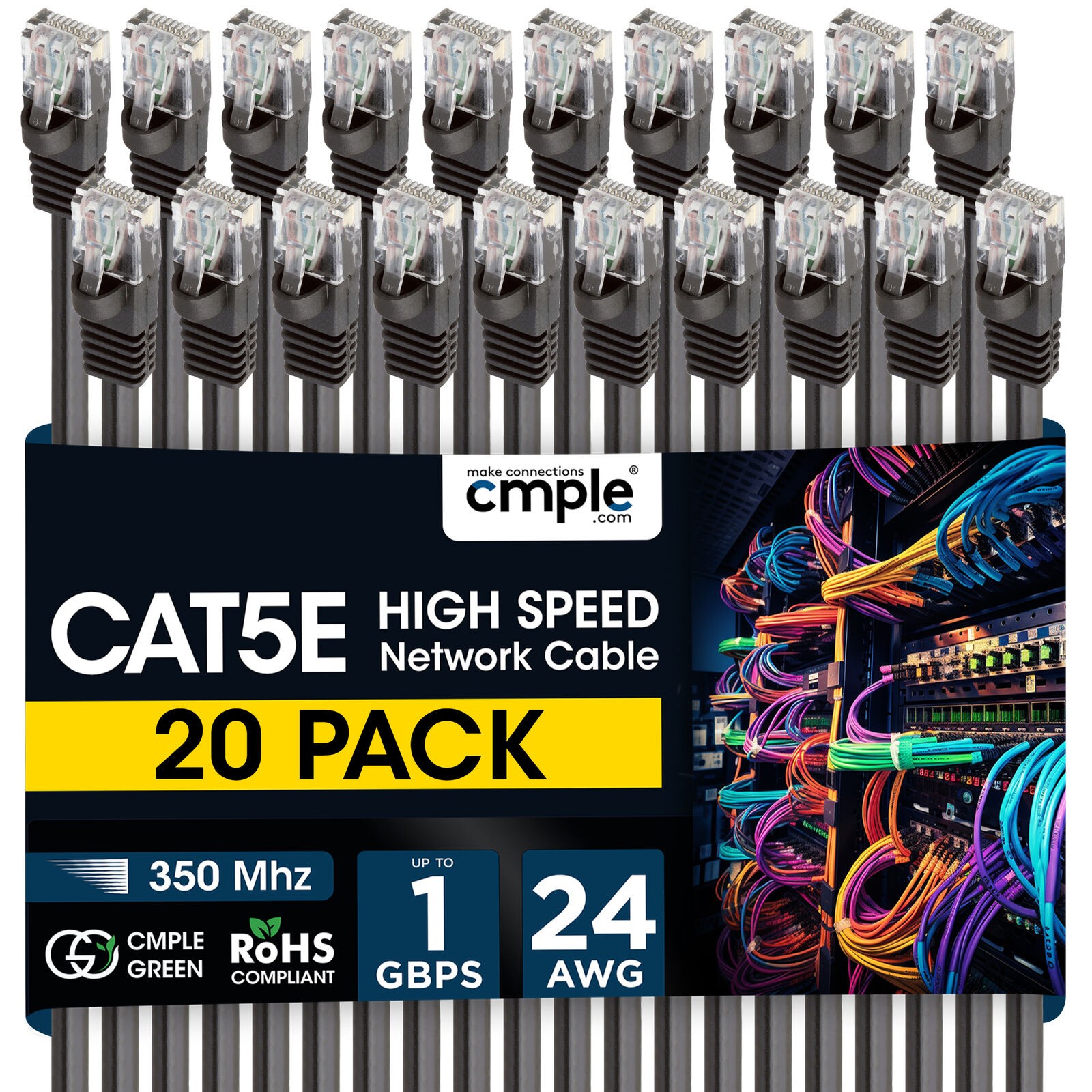20 PCS Cat5e Ethernet Patch Cable 1.5ft-15ft High-Speed Internet LAN Cord Black