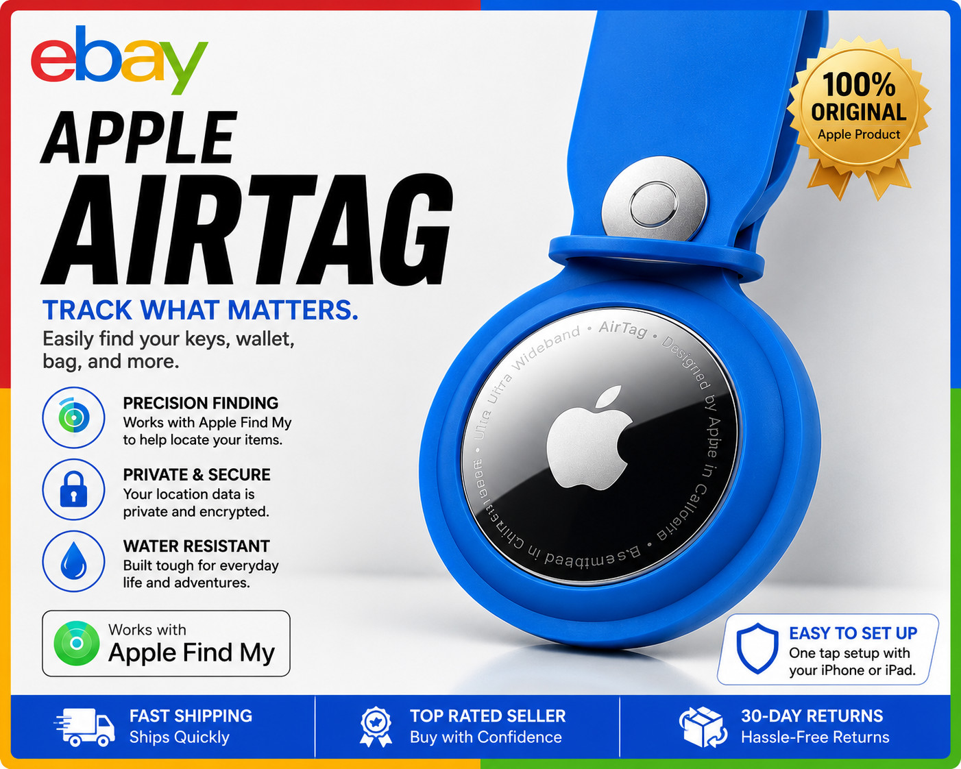 Apple AirTag Tracker + Genuine Blue Leather Key Ring Tested Working