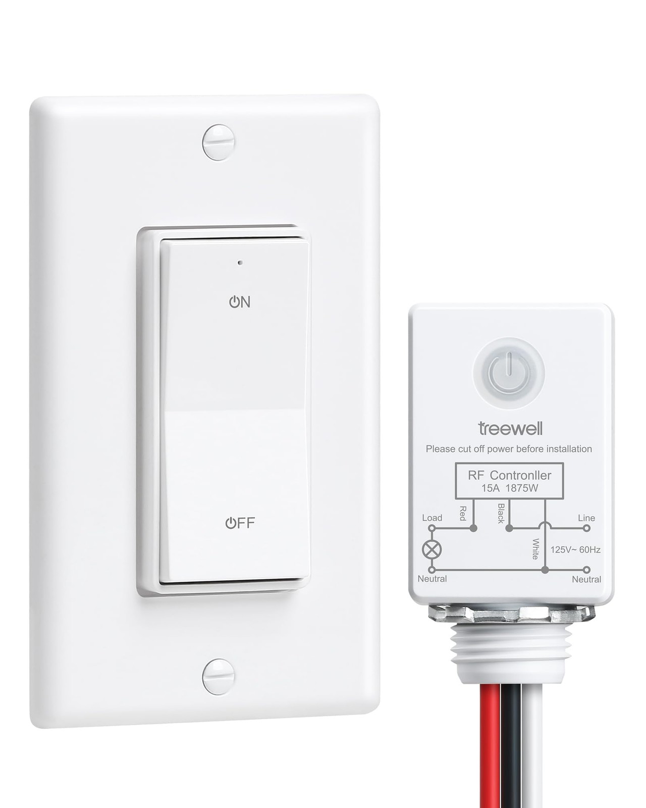 Wireless Light Switch and Receiver Kit, Decorator Rocker Wall Switch, 15A Hig...