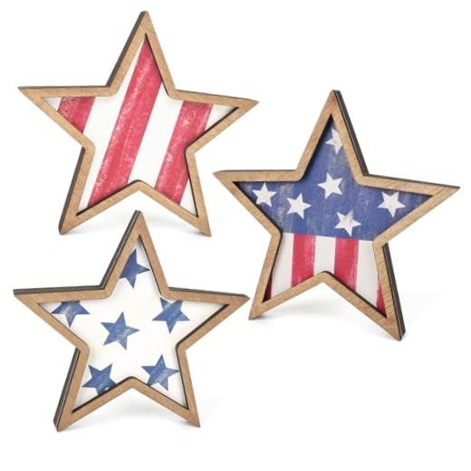 COCHIE 4th of July Decorations Wooden Stars, Patriotic Memorial Day Flag Retro