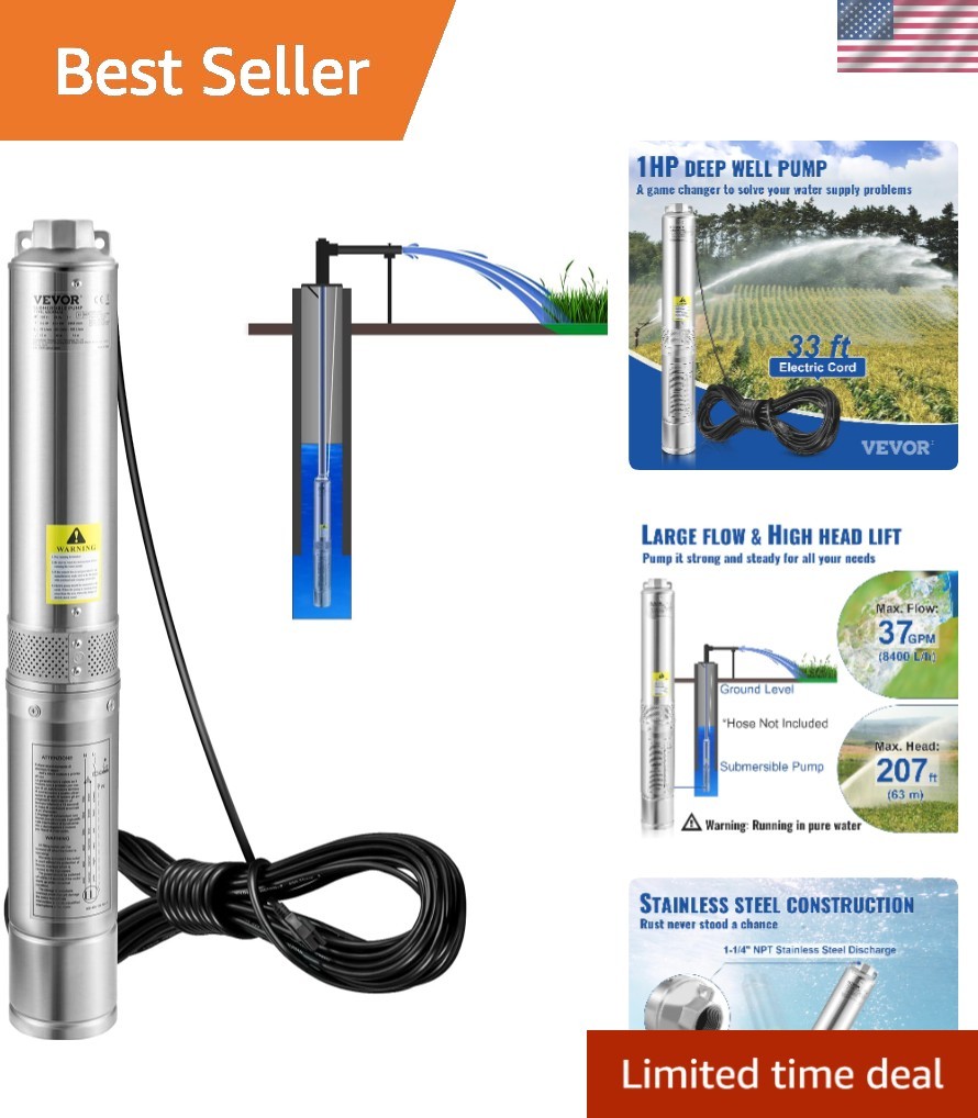 Powerful 1HP Submersible Pump with 33ft Cord - Durable Stainless Steel Design