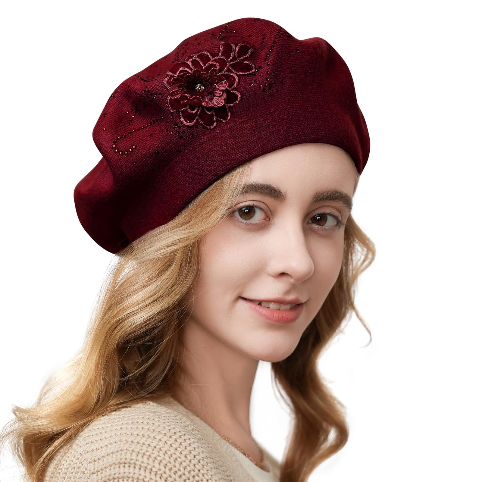 Flower Embroidery Beret Hat for Women French Style Knitted Beret Hats Stylish...