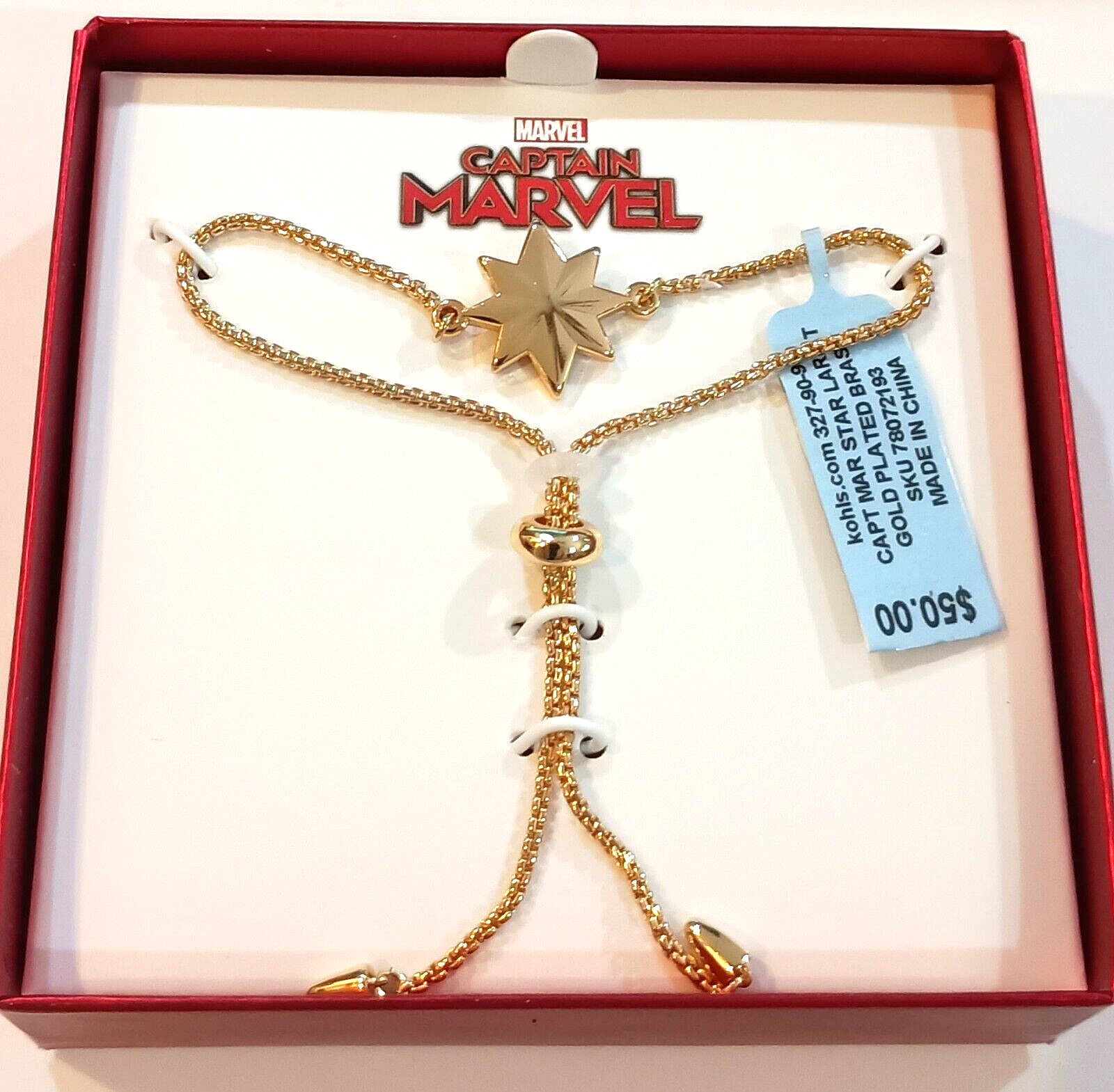 Captain Marvel Comics Gold Plated Star Lariat Bracelet New NOS 2019 MIB $50 Val