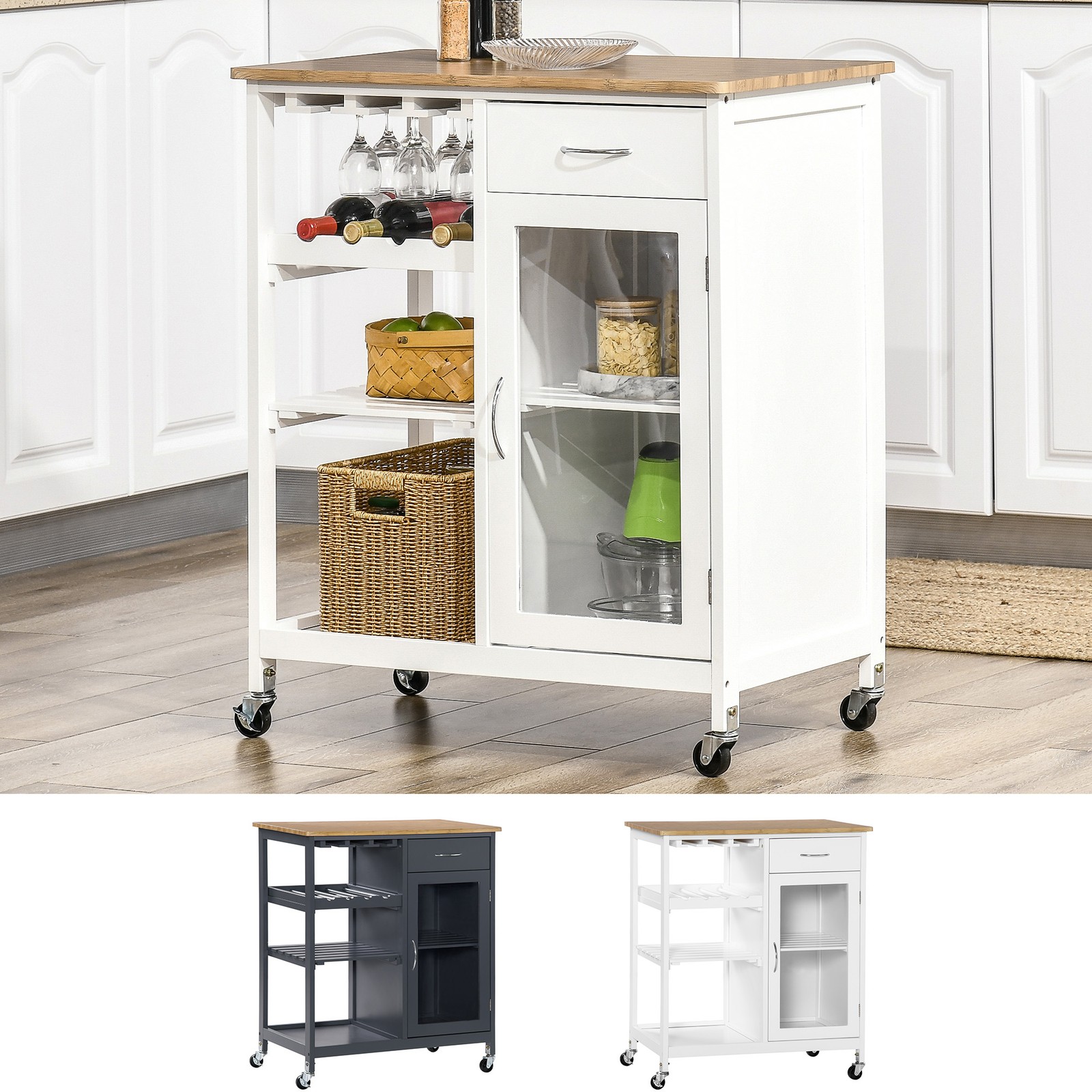 HOMCOM Utility Kitchen Cart Rolling Kitchen Island W/ Wine Rack Cabinet