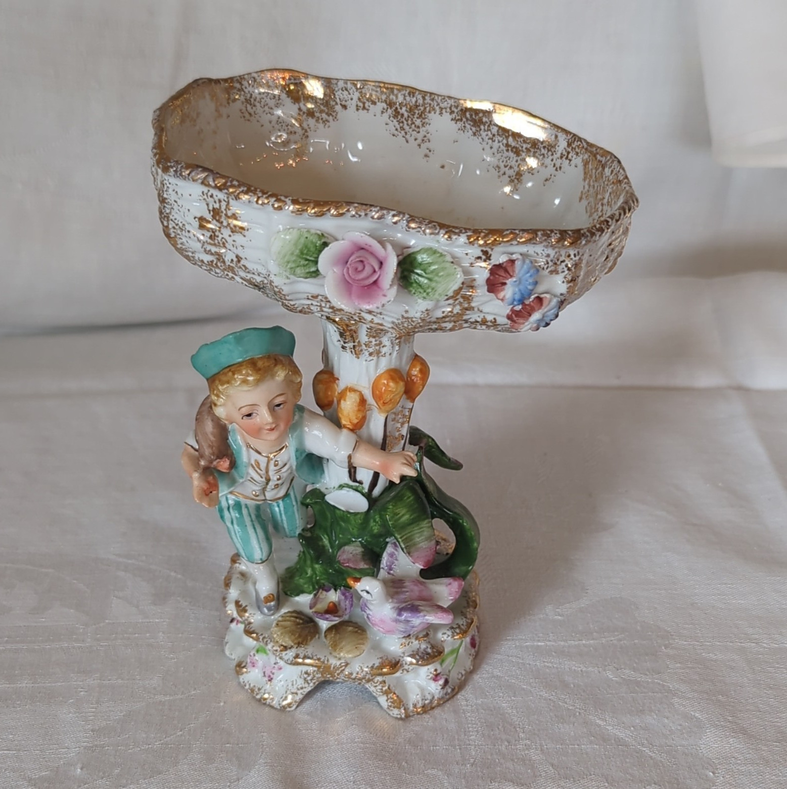 Ceramic 2pc Girl Figurine Taper Candle Holders w/ Oval Floral Tray, Gold Trim