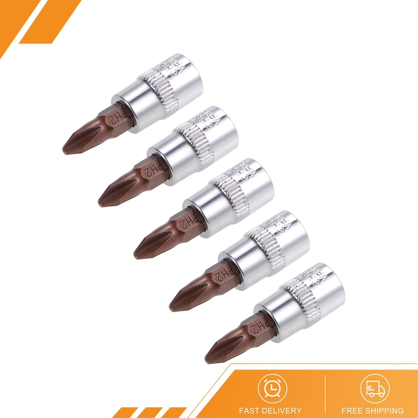 5pcs - 1/4" Drive x PH2 Phillips Bit Socket Standard Metric S2 and Cr-V Steel
