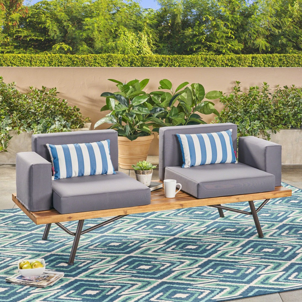 2-Seater Patio Sofa w/ Cushions, Acacia Wood + Metal Frame, Water Resistant