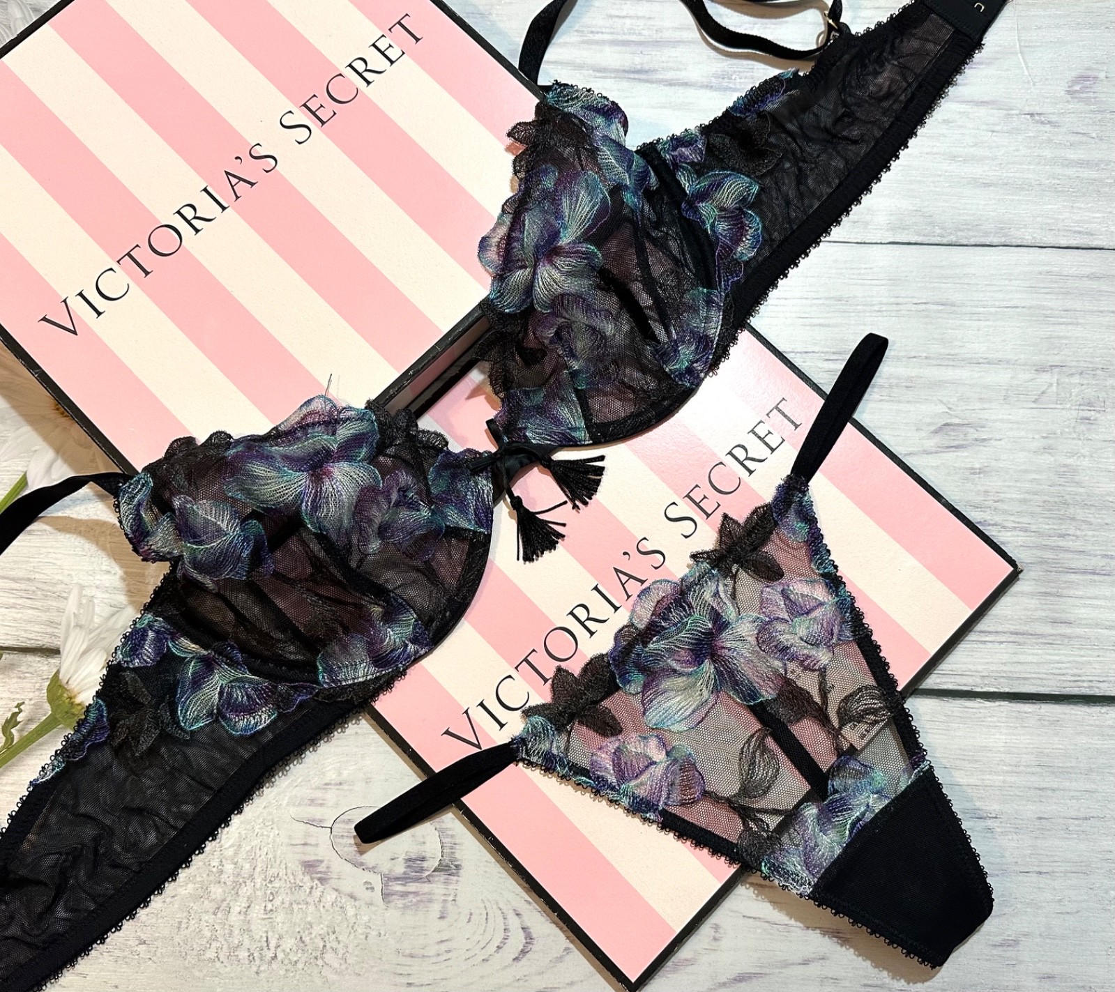 Victoria's Secret Black Electric Orchid Embroidery Unlined Plunge Demi Bra Set
