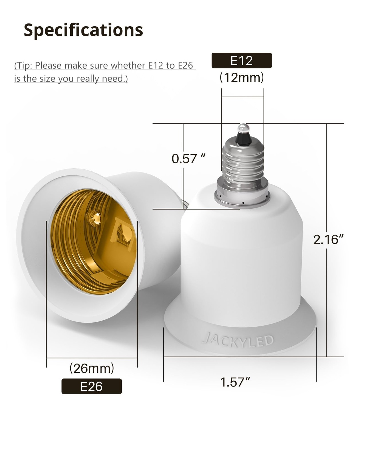 JACKYLED 5-Pack E12 to E26 Adapter, Chandelier Light Socket, 5 Pack, White