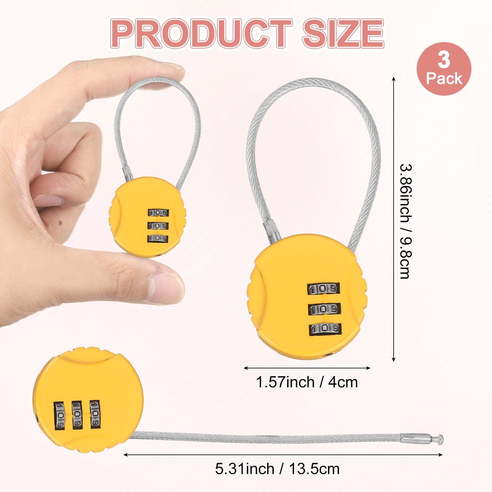 3-Pack Combination Locker Lock, 3 Digit Padlock for Gym/Luggage [Yellow]