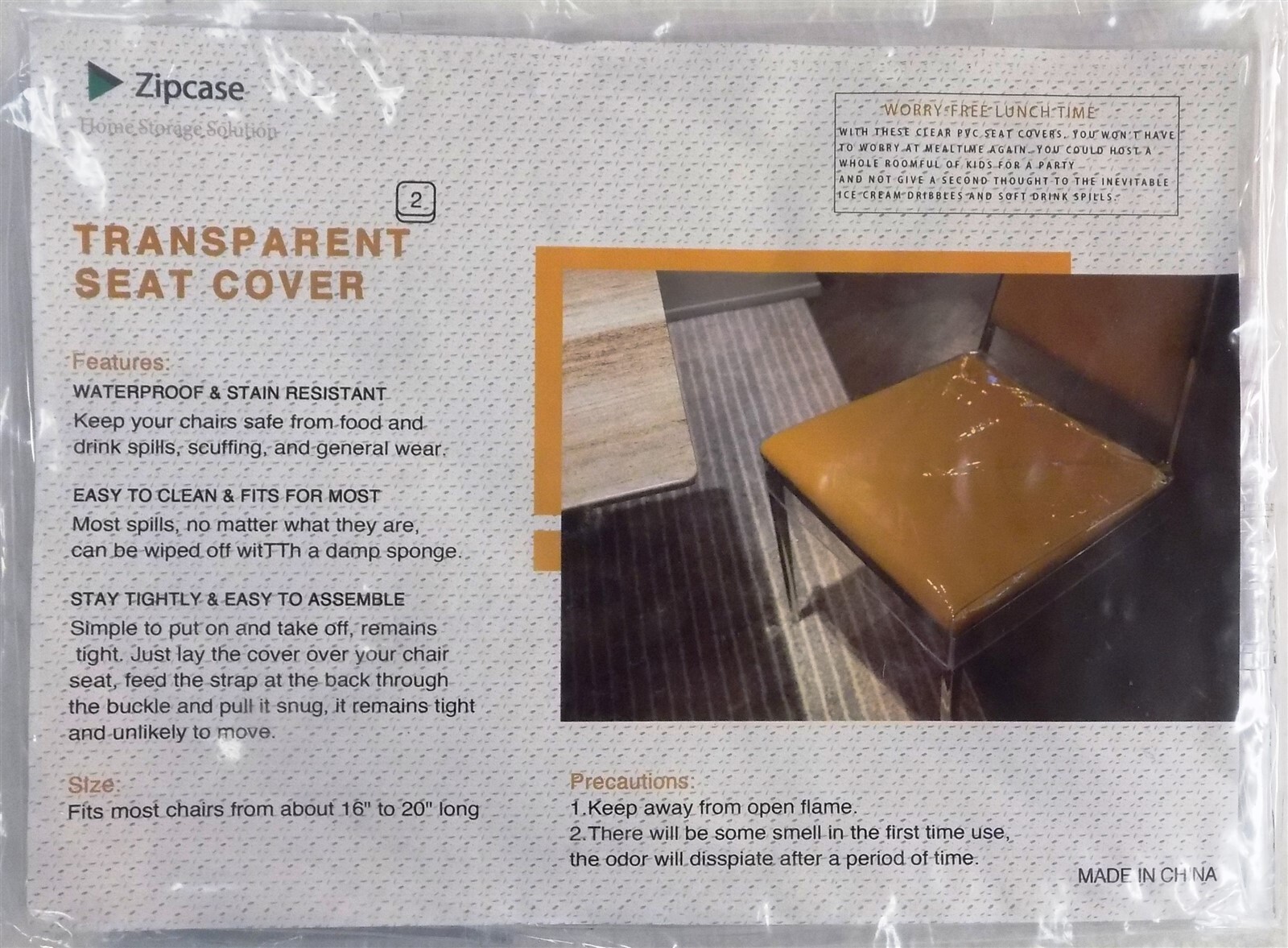 Zipcase transparent Seat Cover fits most Chairs 16" to 20" Set of 2