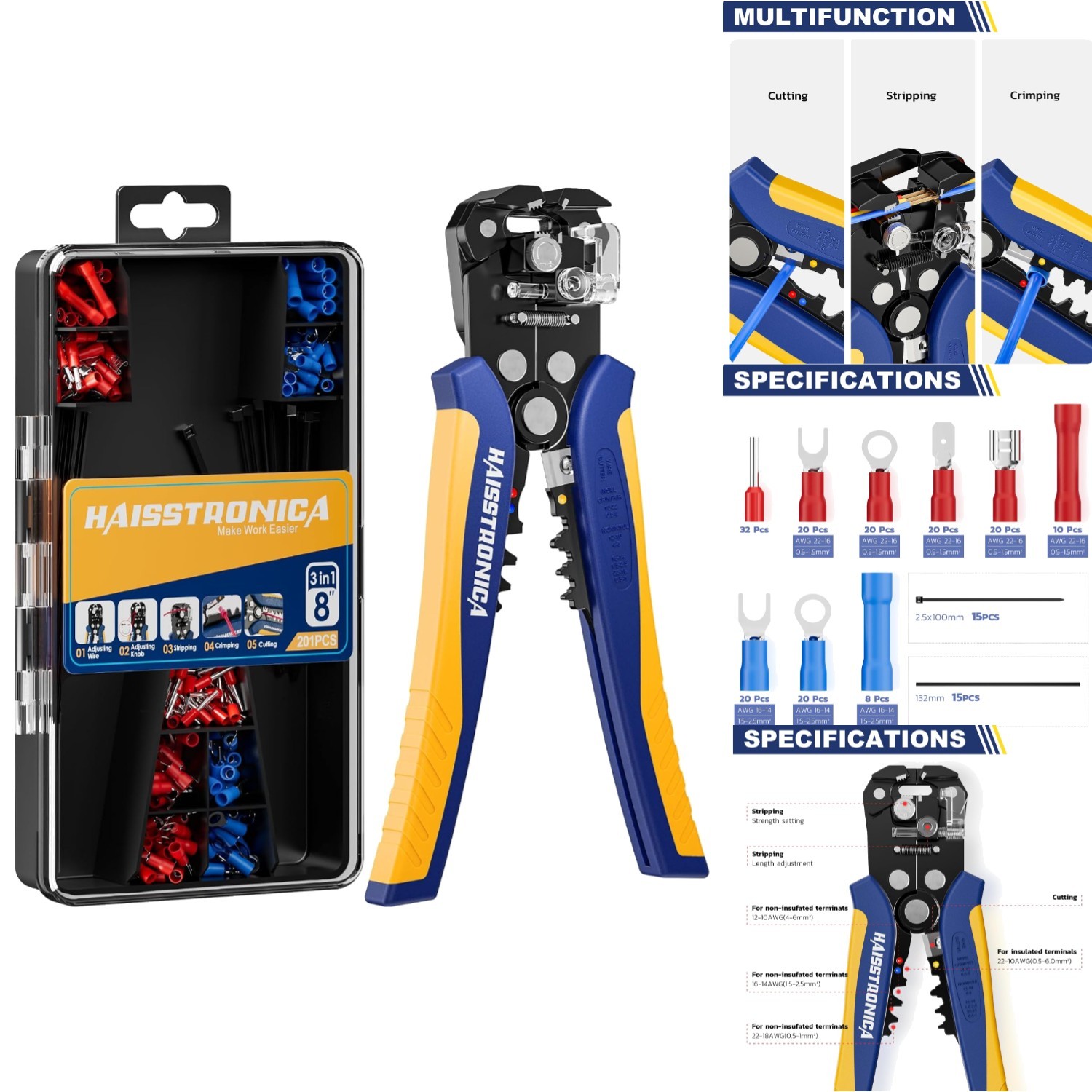 201Pc Automatic Wire Stripper Kit Self Adjusting Crimper Tool Terminals Zip Ties