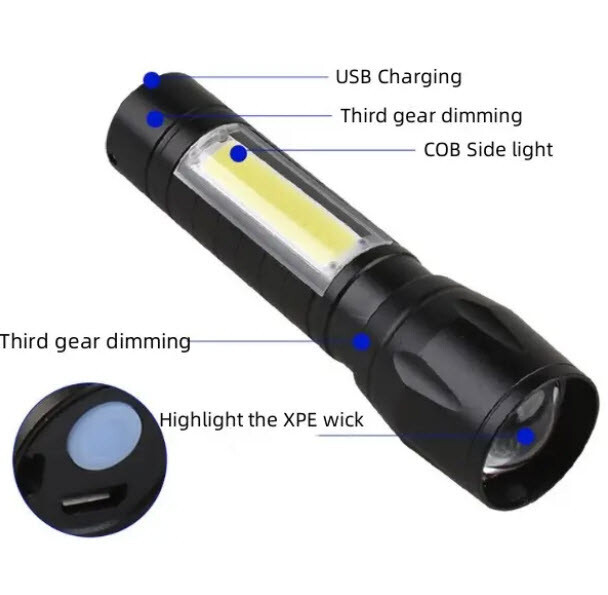 Mini LED Flashlight Black USB Rechargeable Handtool lamp Camping Tourch Lantern