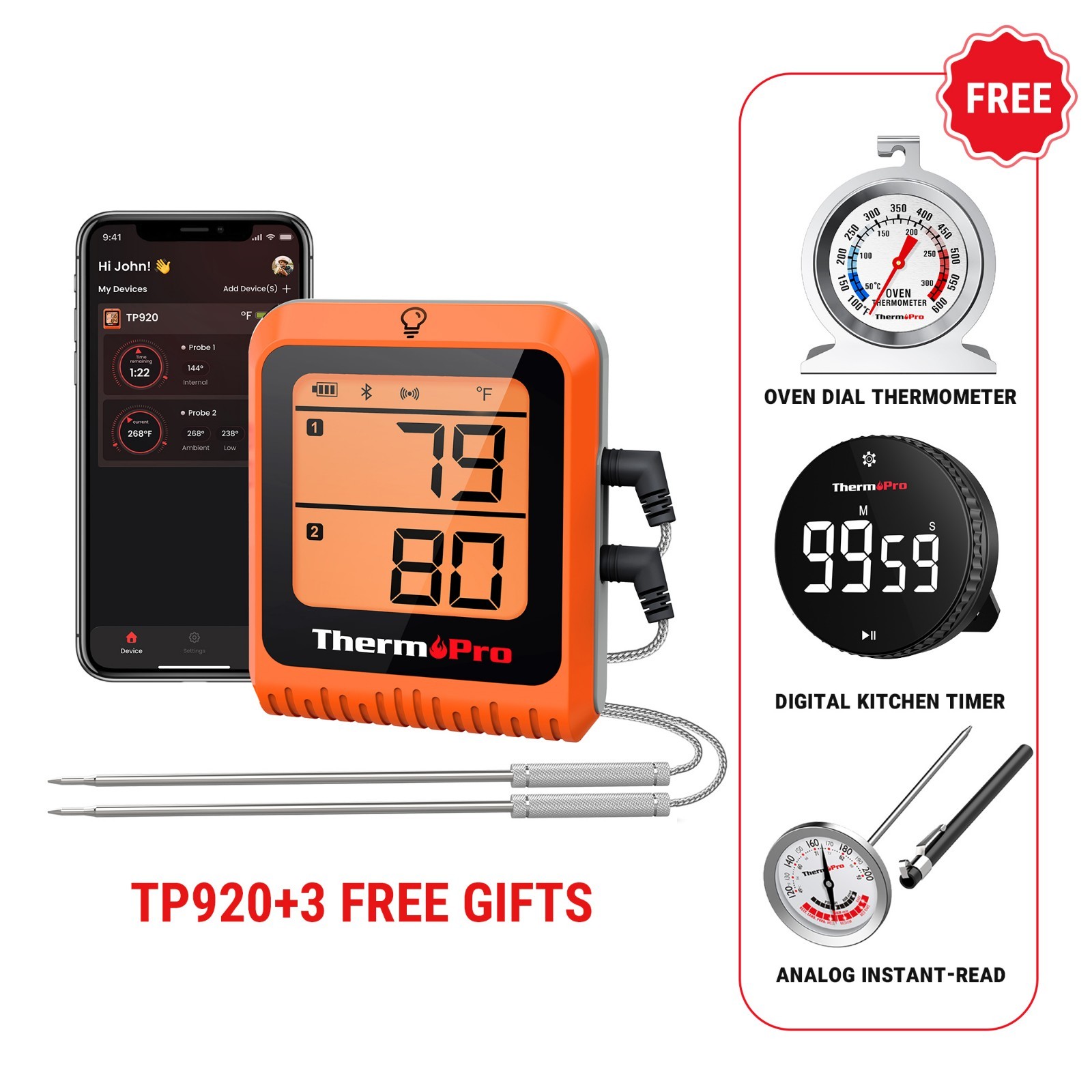TempPro TP920 Bluetooth Wireless Meat Thermometer 4-Piece BBQ Cooking Set