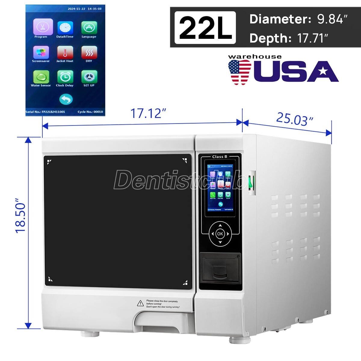 22L Dental Lab Autoclave Steam Sterilizer Class B Vacuum Pressure Sterilization